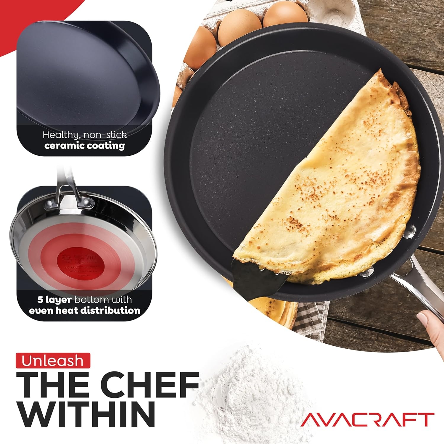 image:imageAVACRAFT 10 inch 94 Nonstick Ceramic Coating Stainless Steel Crepe Pan Tawa Dosa Tortilla Pan Compatible with All Stovetops PFOA PTFE Toxin Free11 Inch
