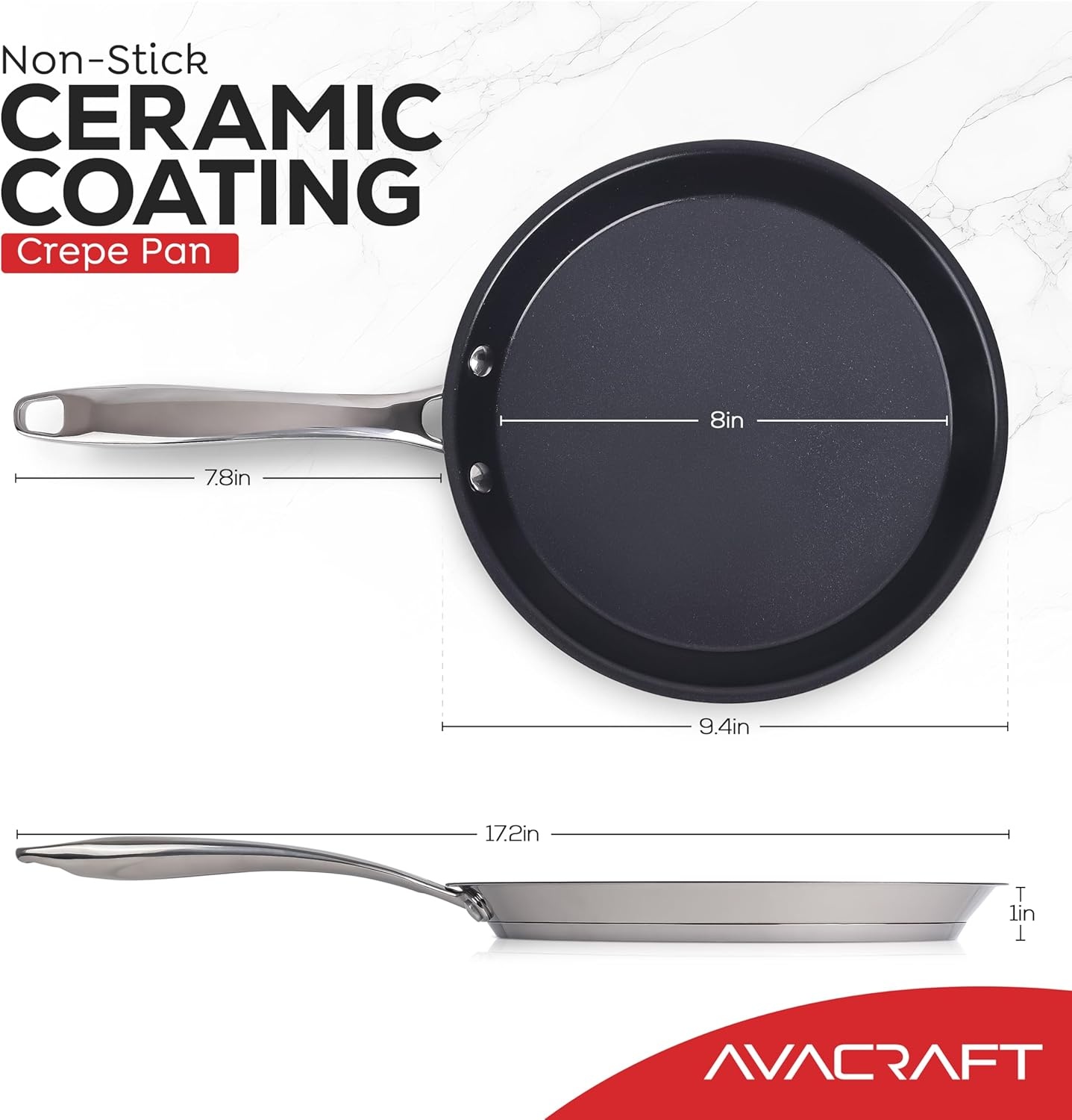 image:imageAVACRAFT 10 inch 94 Nonstick Ceramic Coating Stainless Steel Crepe Pan Tawa Dosa Tortilla Pan Compatible with All Stovetops PFOA PTFE Toxin Free94 Inch