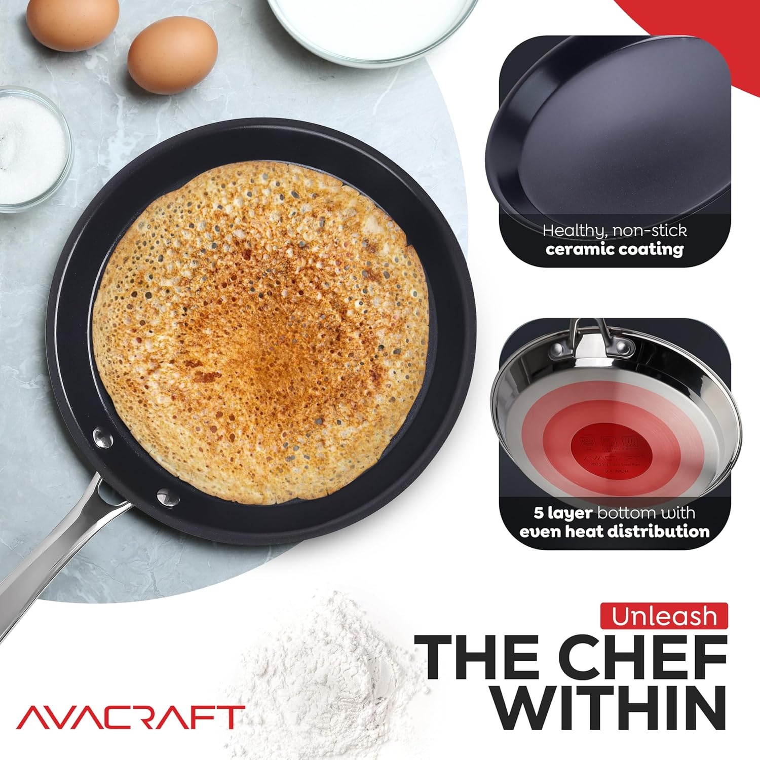 image:imageAVACRAFT 10 inch 94 Nonstick Ceramic Coating Stainless Steel Crepe Pan Tawa Dosa Tortilla Pan Compatible with All Stovetops PFOA PTFE Toxin Free94 Inch