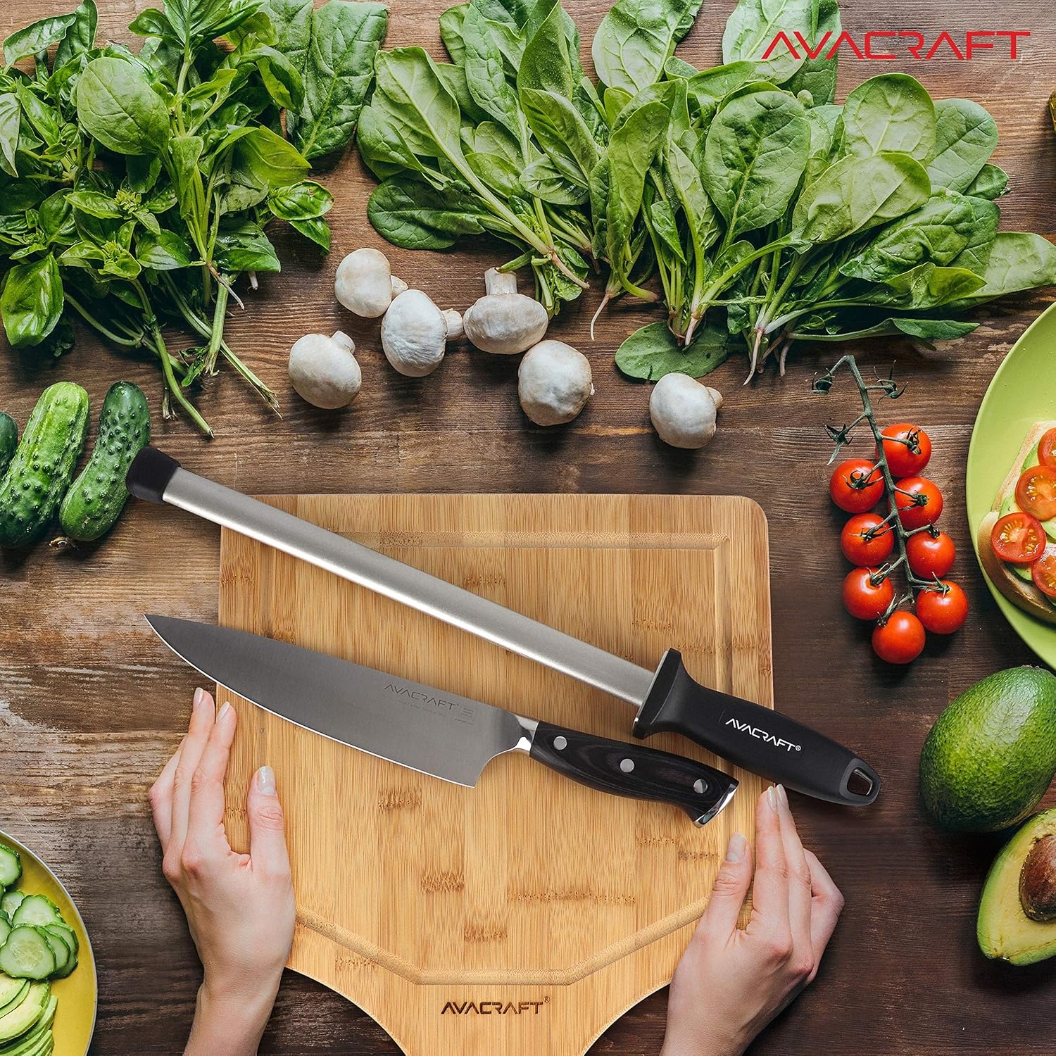 image:imageAVACRAFT 12 inch Knife Sharpener Rod Diamond Steel Knife Honing Steel Premium Knife Sharpening Steel Oval shaped Honer Ergonomic Handle for Firm Grip