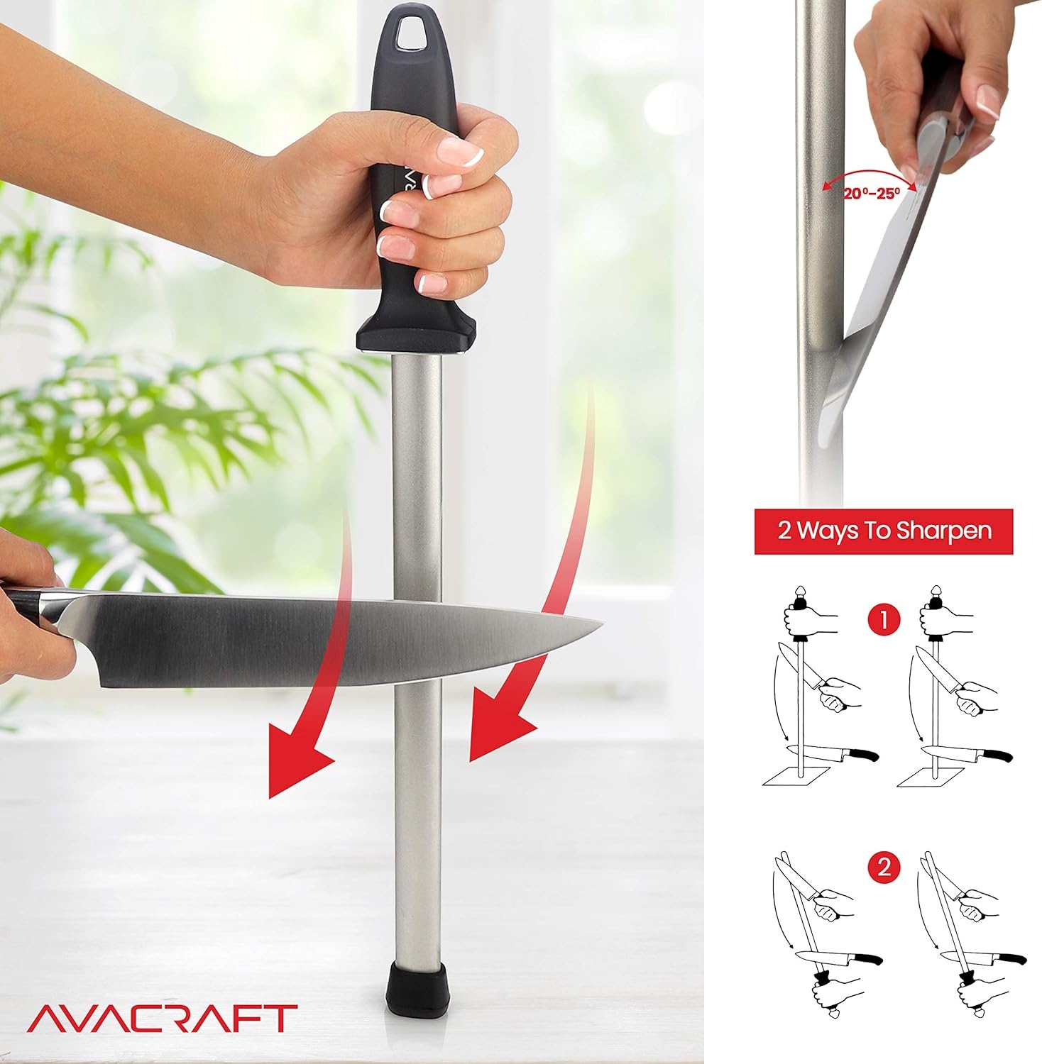 image:imageAVACRAFT 12 inch Knife Sharpener Rod Diamond Steel Knife Honing Steel Premium Knife Sharpening Steel Oval shaped Honer Ergonomic Handle for Firm Grip