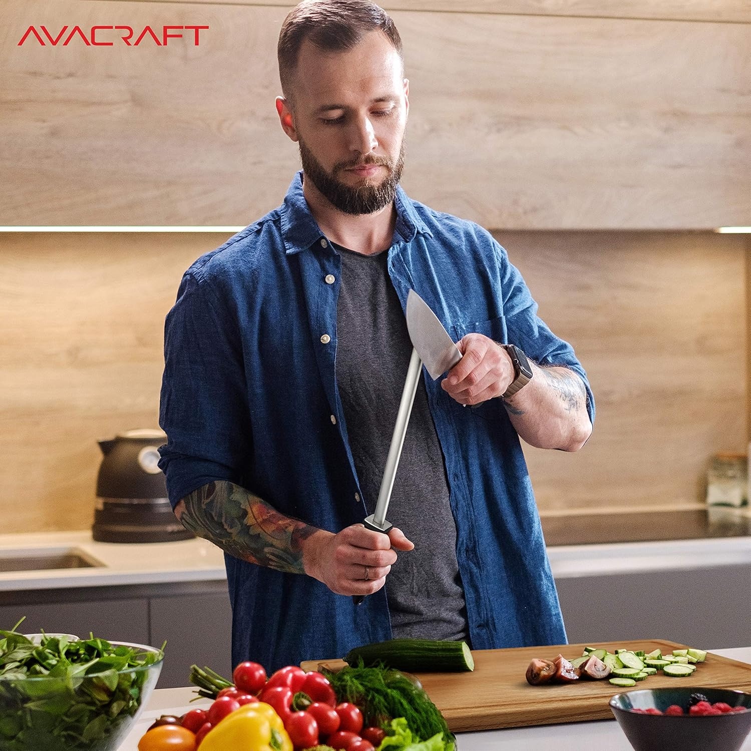 image:imageAVACRAFT 12 inch Knife Sharpener Rod Diamond Steel Knife Honing Steel Premium Knife Sharpening Steel Oval shaped Honer Ergonomic Handle for Firm Grip