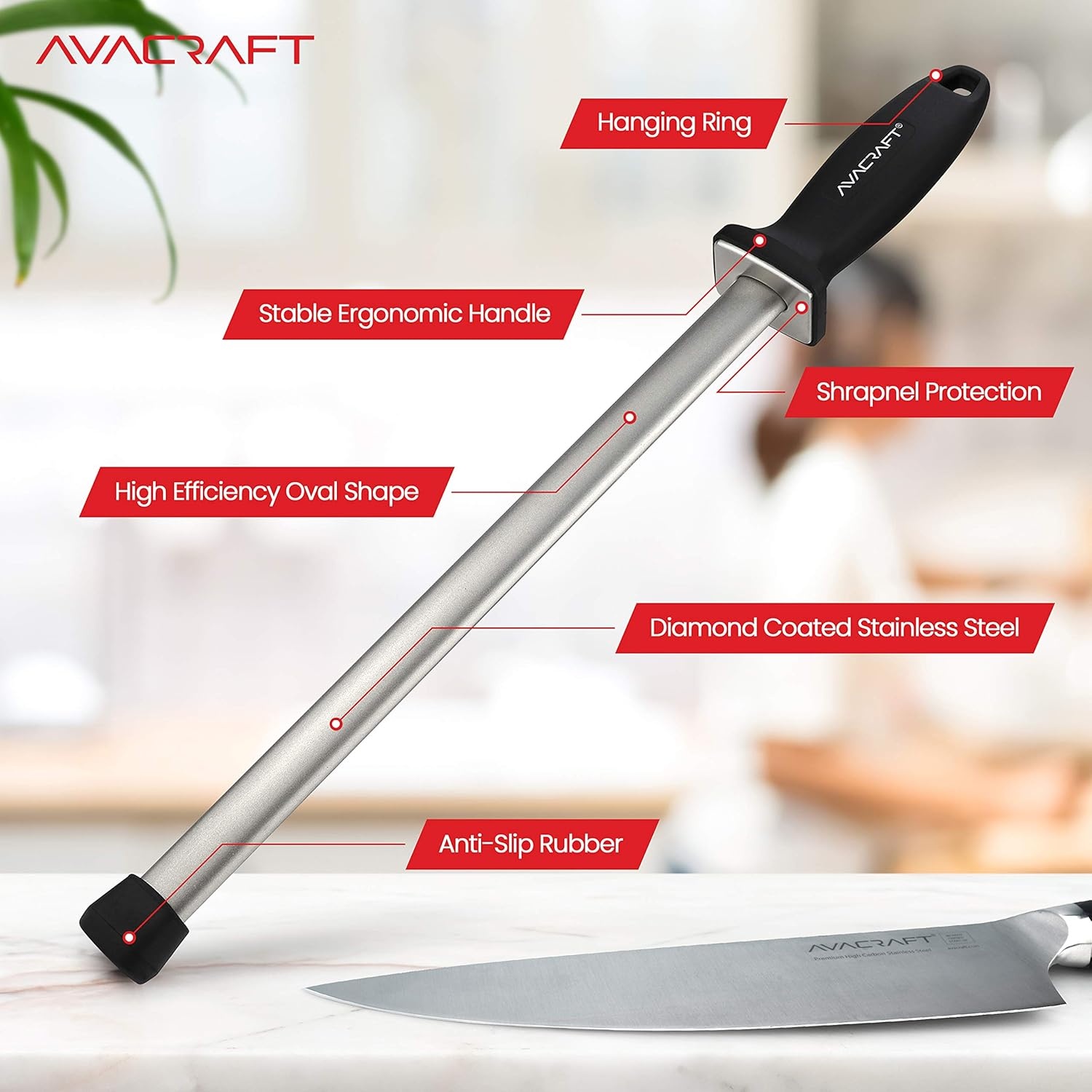 image:imageAVACRAFT 12 inch Knife Sharpener Rod Diamond Steel Knife Honing Steel Premium Knife Sharpening Steel Oval shaped Honer Ergonomic Handle for Firm Grip
