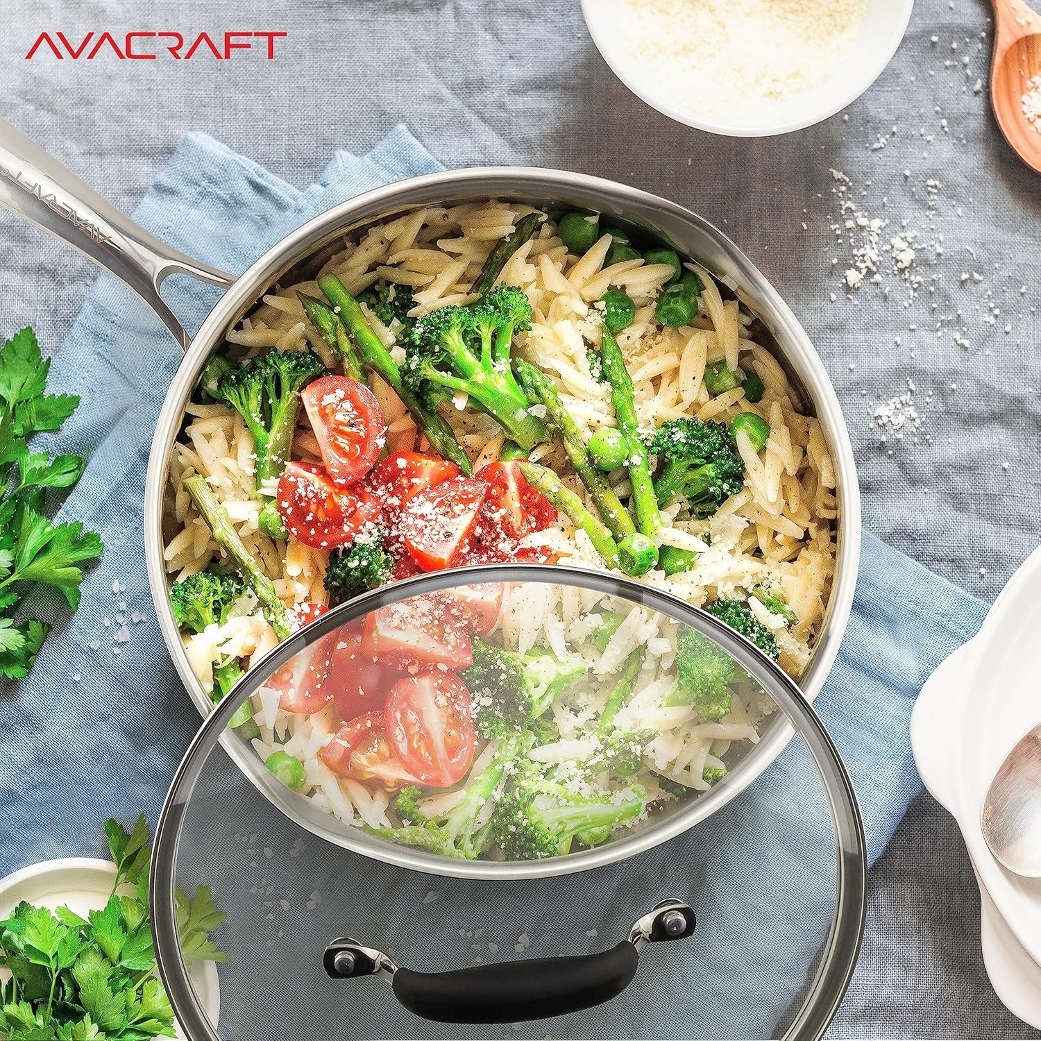 image:imageAVACRAFT 1810 10 Inch Stainless Steel Frying Pan with Lid Side Spouts Induction Versatile Stainless Steel SkilletStainless Steel