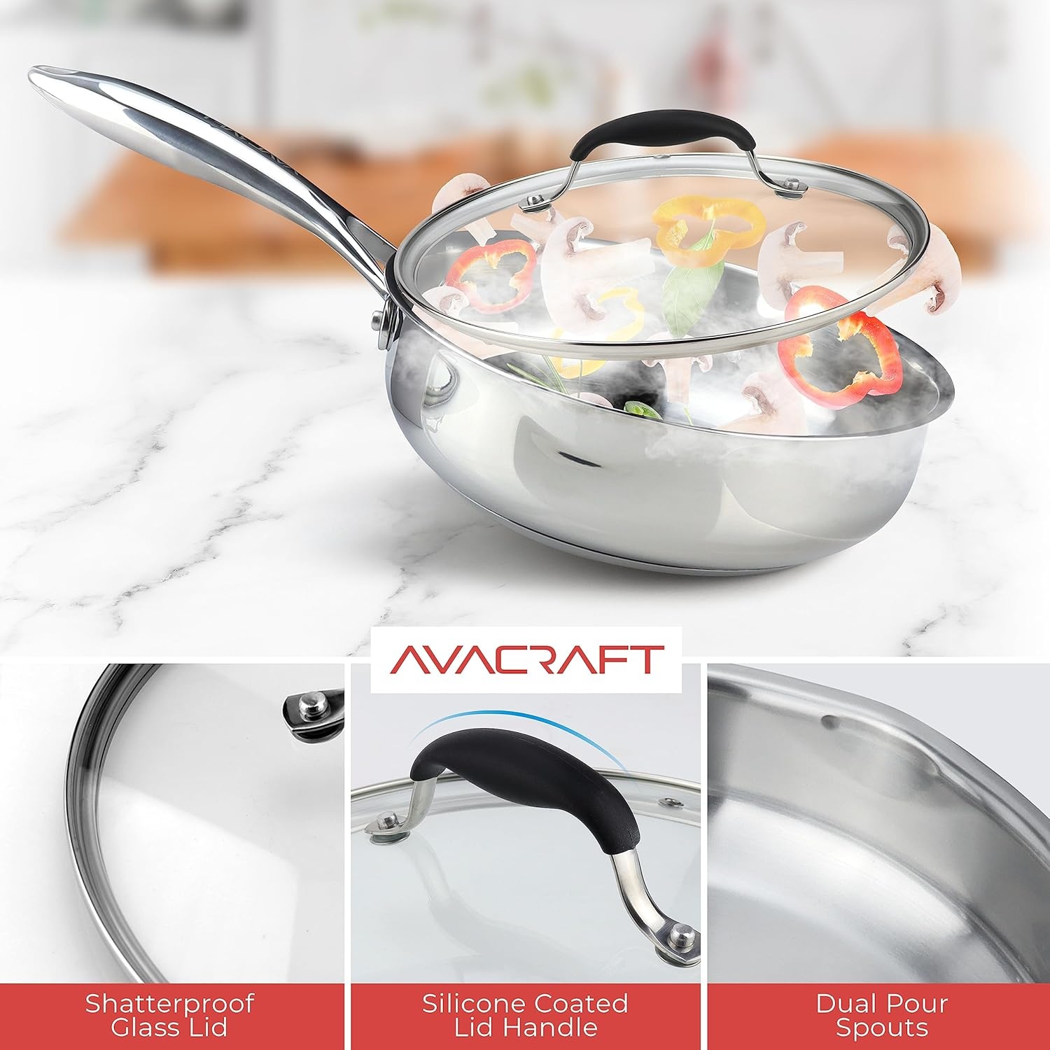 image:imageAVACRAFT 1810 10 Inch Stainless Steel Frying Pan with Lid Side Spouts Induction Versatile Stainless Steel SkilletStainless Steel