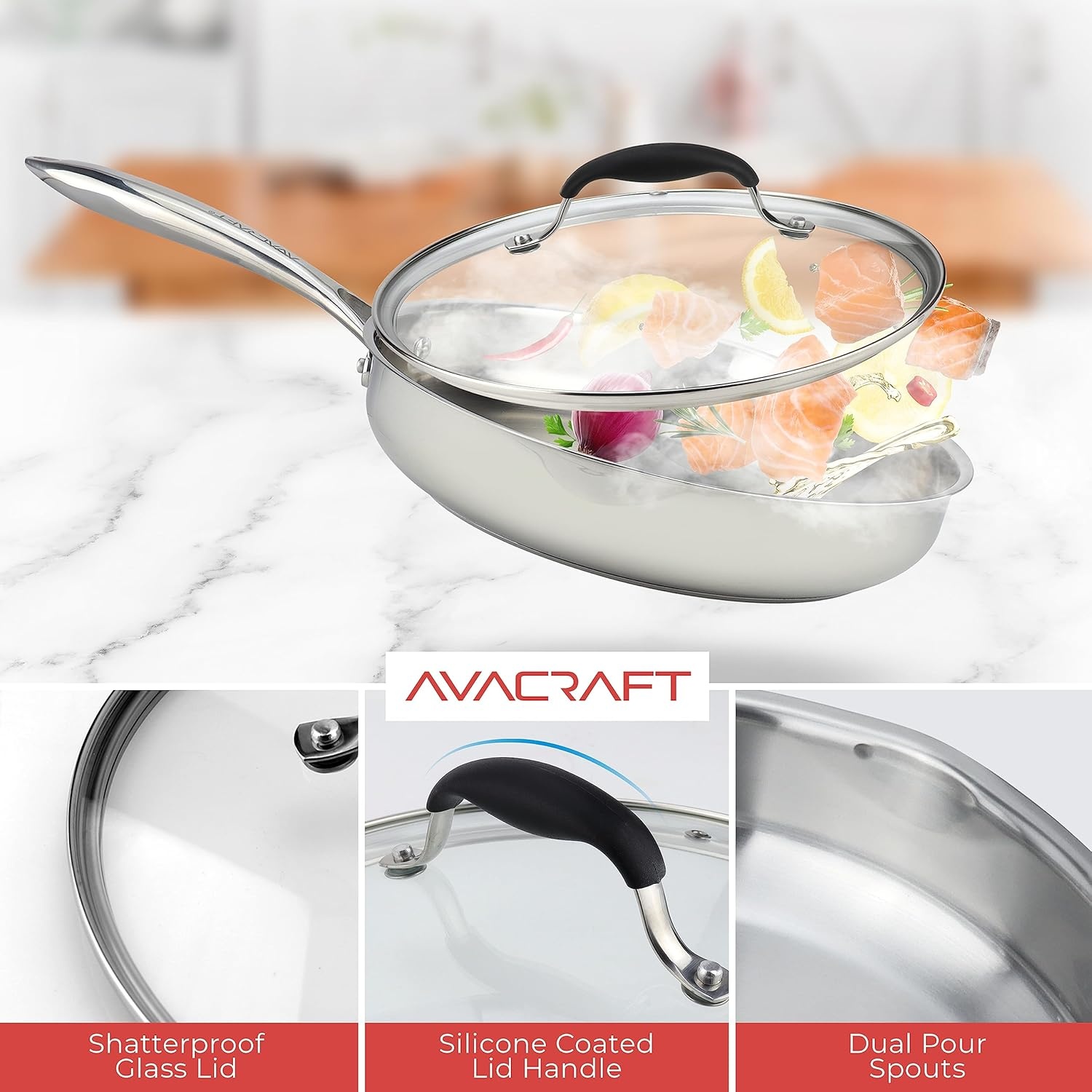 image:imageAVACRAFT 1810 10 Inch Stainless Steel Frying Pan with Lid Side Spouts Induction Versatile Stainless Steel SkilletStainless Steel