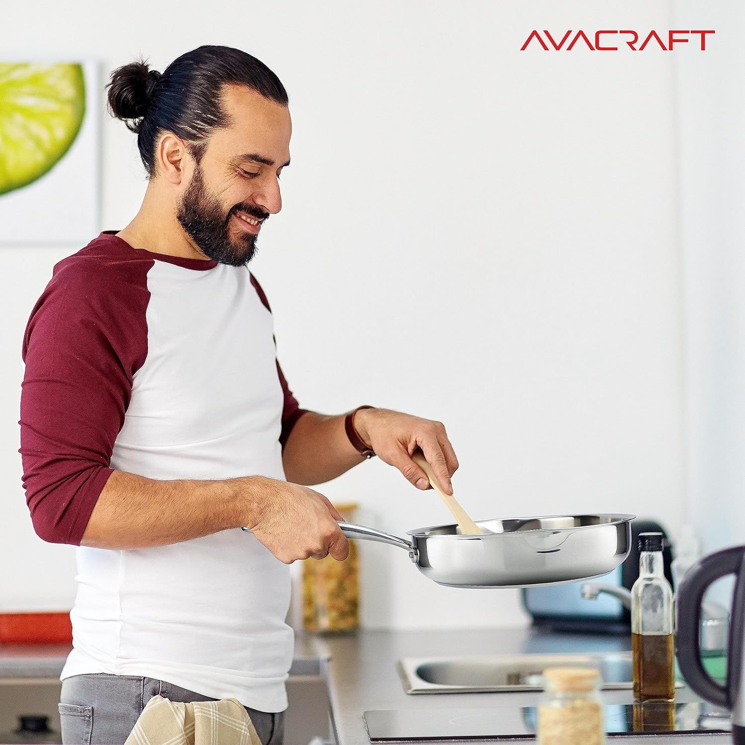 image:imageAVACRAFT 1810 10 Inch Stainless Steel Frying Pan with Lid Side Spouts Induction Versatile Stainless Steel SkilletStainless Steel