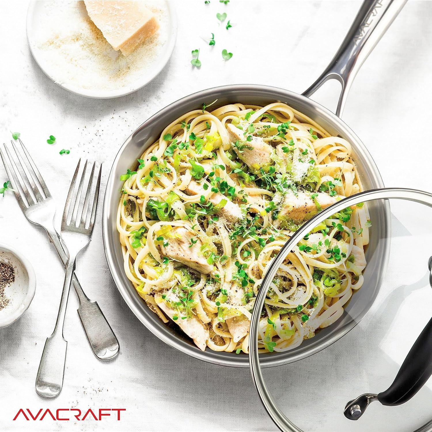 image:imageAVACRAFT 1810 10 Inch Stainless Steel Frying Pan with Lid Side Spouts Induction Versatile Stainless Steel SkilletStainless Steel