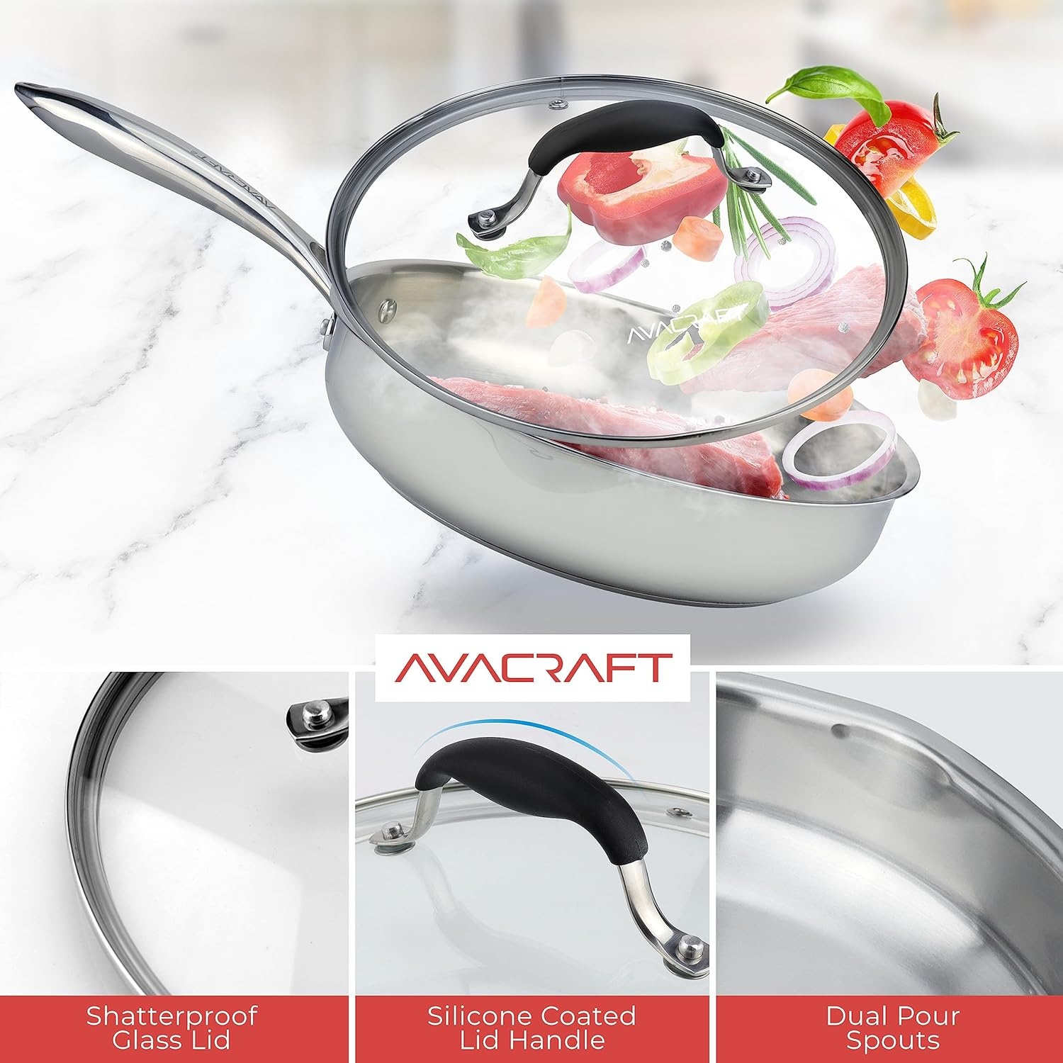 image:imageAVACRAFT 1810 10 Inch Stainless Steel Frying Pan with Lid Side Spouts Induction Versatile Stainless Steel SkilletStainless Steel