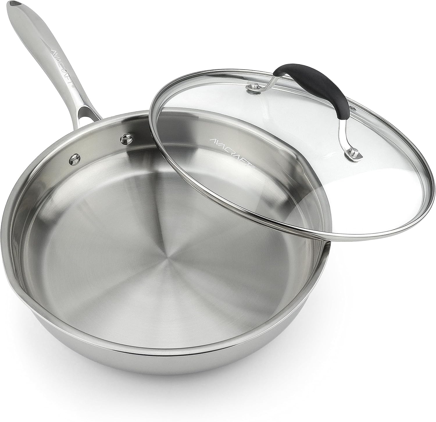 image:imageAVACRAFT 1810 10 Inch Stainless Steel Frying Pan with Lid Side Spouts Induction Versatile Stainless Steel SkilletStainless Steel