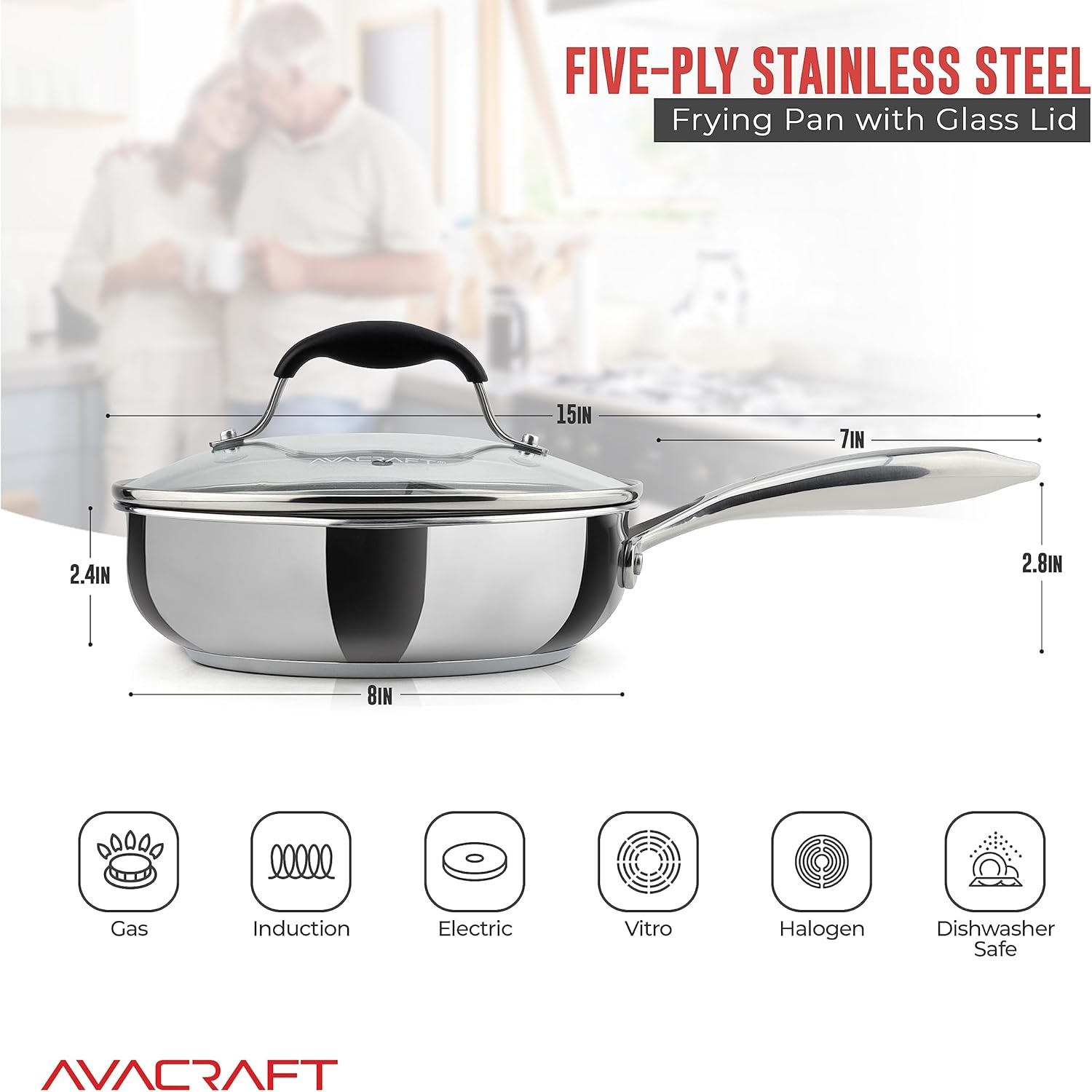 image:imageAVACRAFT 1810 10 Inch Stainless Steel Frying Pan with Lid Side Spouts Induction Versatile Stainless Steel SkilletStainless Steel