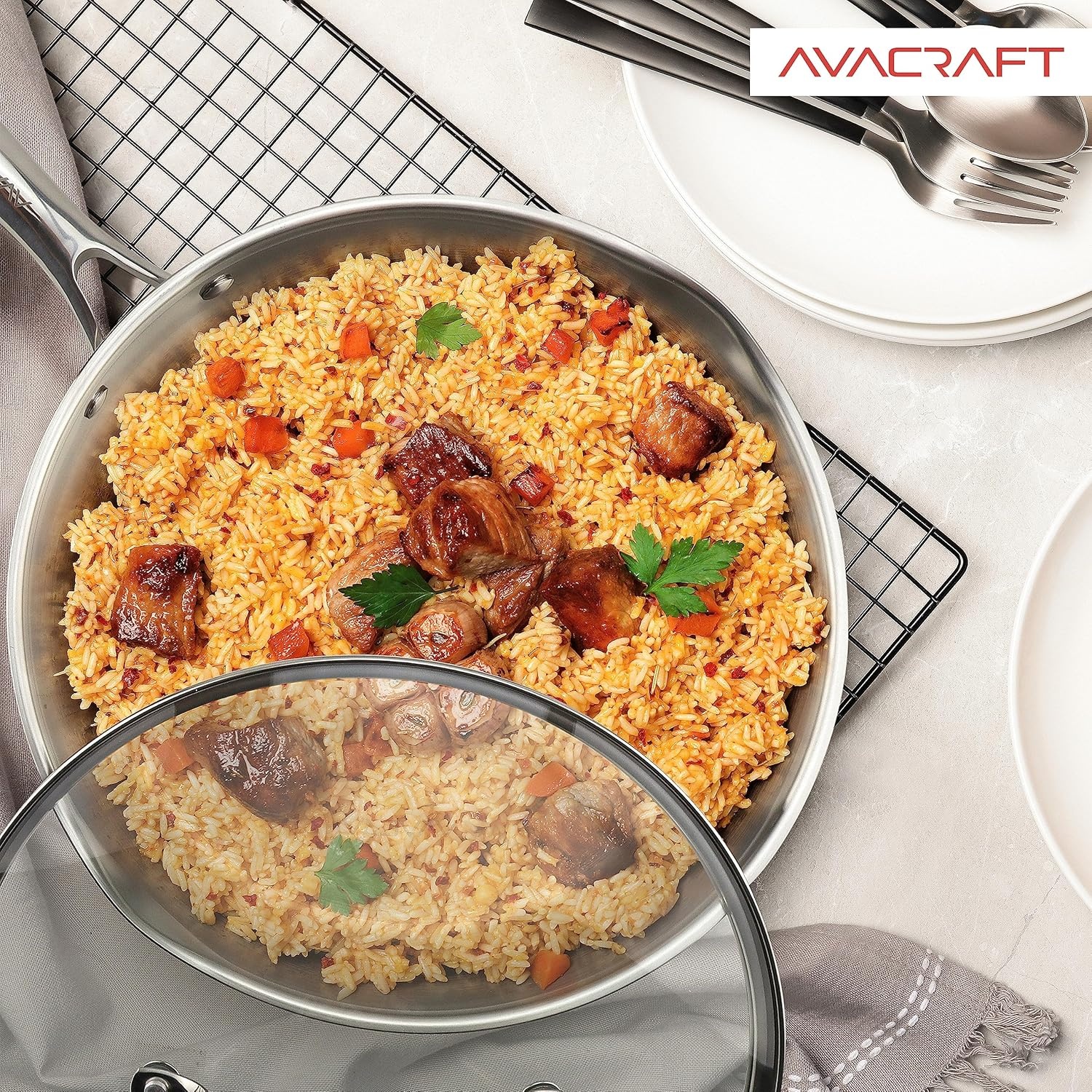 image:imageAVACRAFT 1810 10 Inch Stainless Steel Frying Pan with Lid Side Spouts Induction Versatile Stainless Steel SkilletStainless Steel