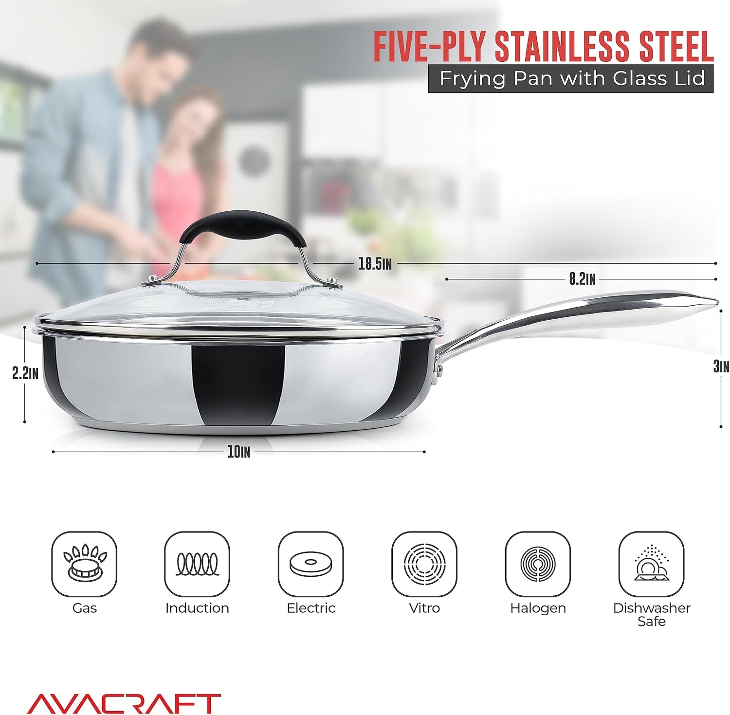 image:imageAVACRAFT 1810 10 Inch Stainless Steel Frying Pan with Lid Side Spouts Induction Versatile Stainless Steel SkilletStainless Steel