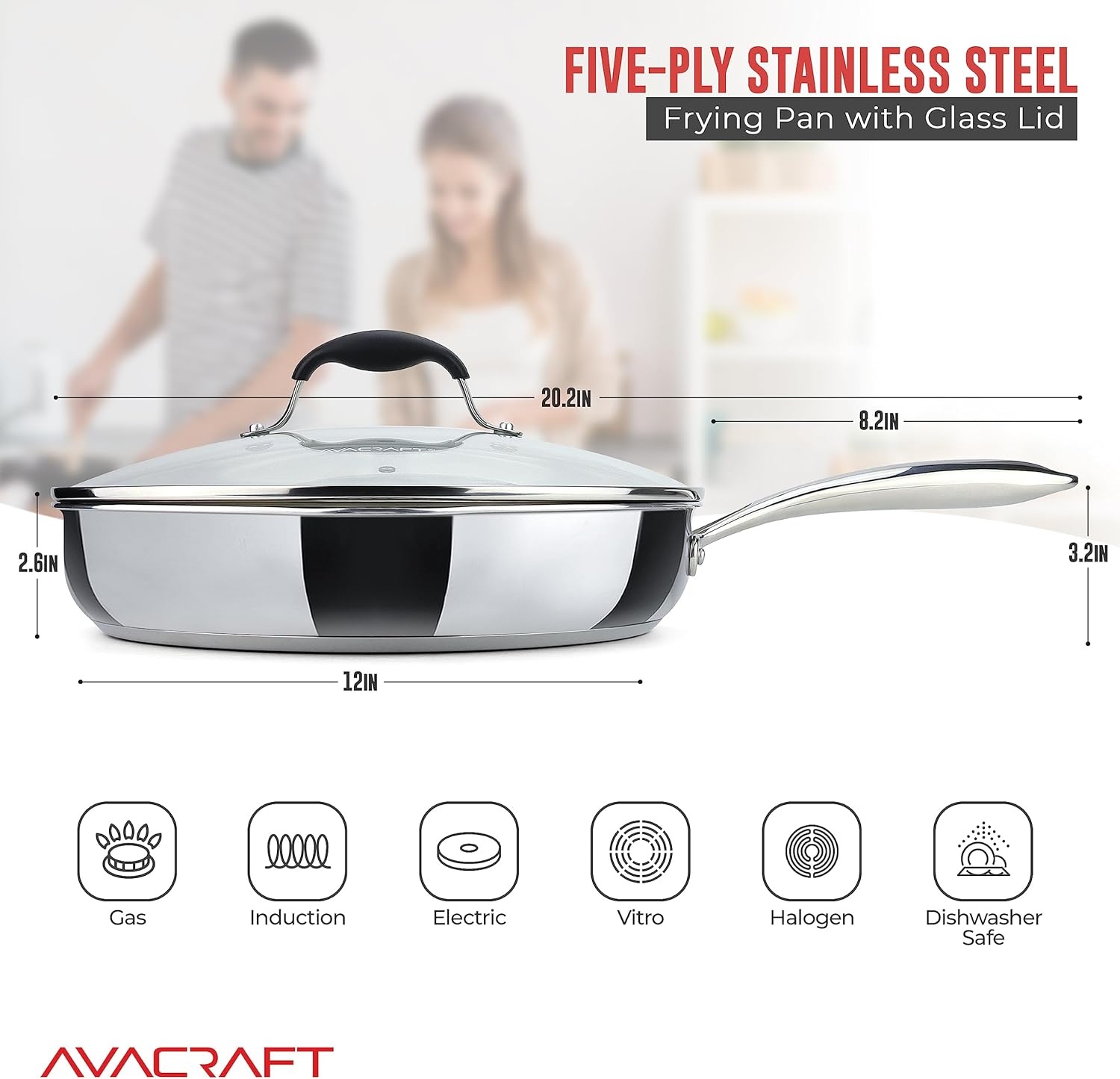 image:imageAVACRAFT 1810 10 Inch Stainless Steel Frying Pan with Lid Side Spouts Induction Versatile Stainless Steel SkilletStainless Steel