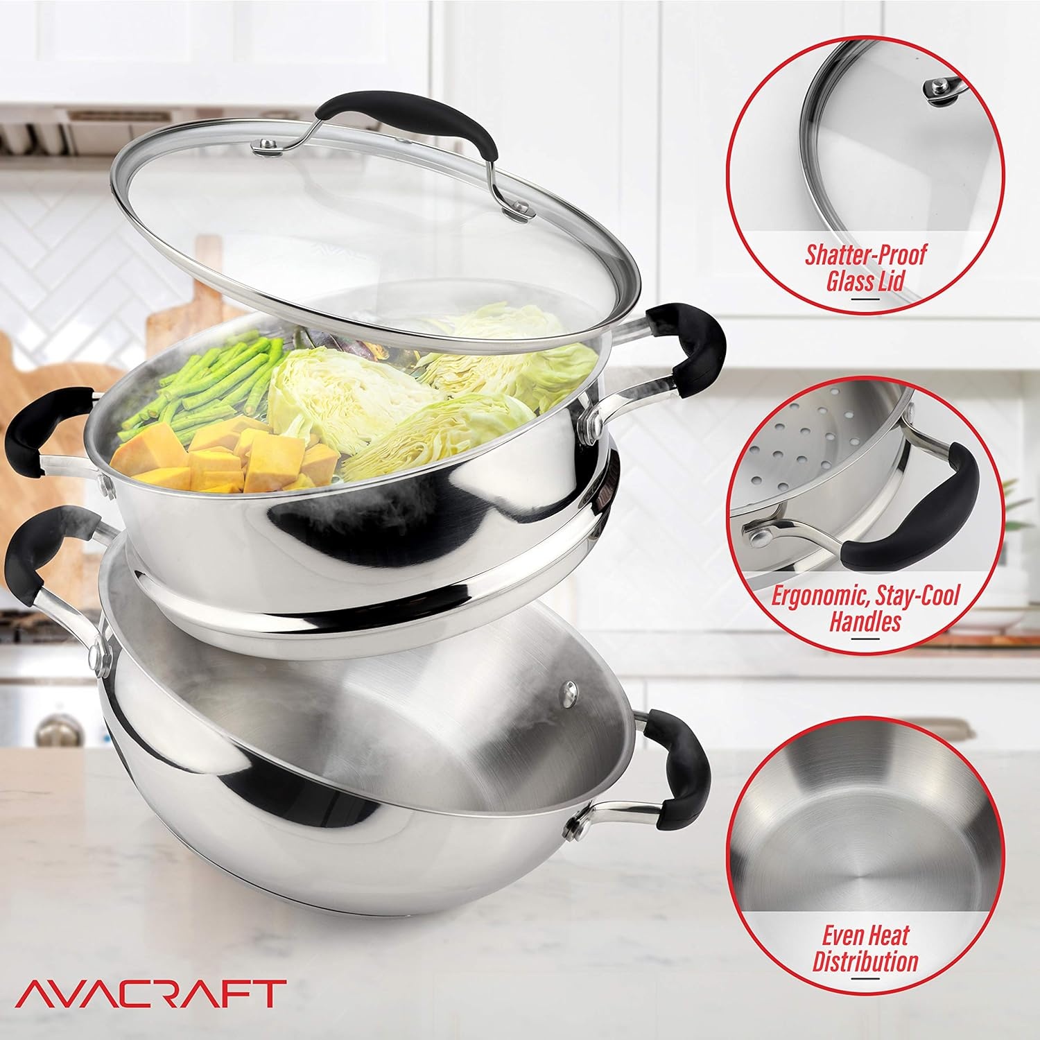image:imageAVACRAFT 1810 3 Piece Stainless Steel Steamer Cooking Pot amp Pan Set with Glass Lid Momo Maker Induction