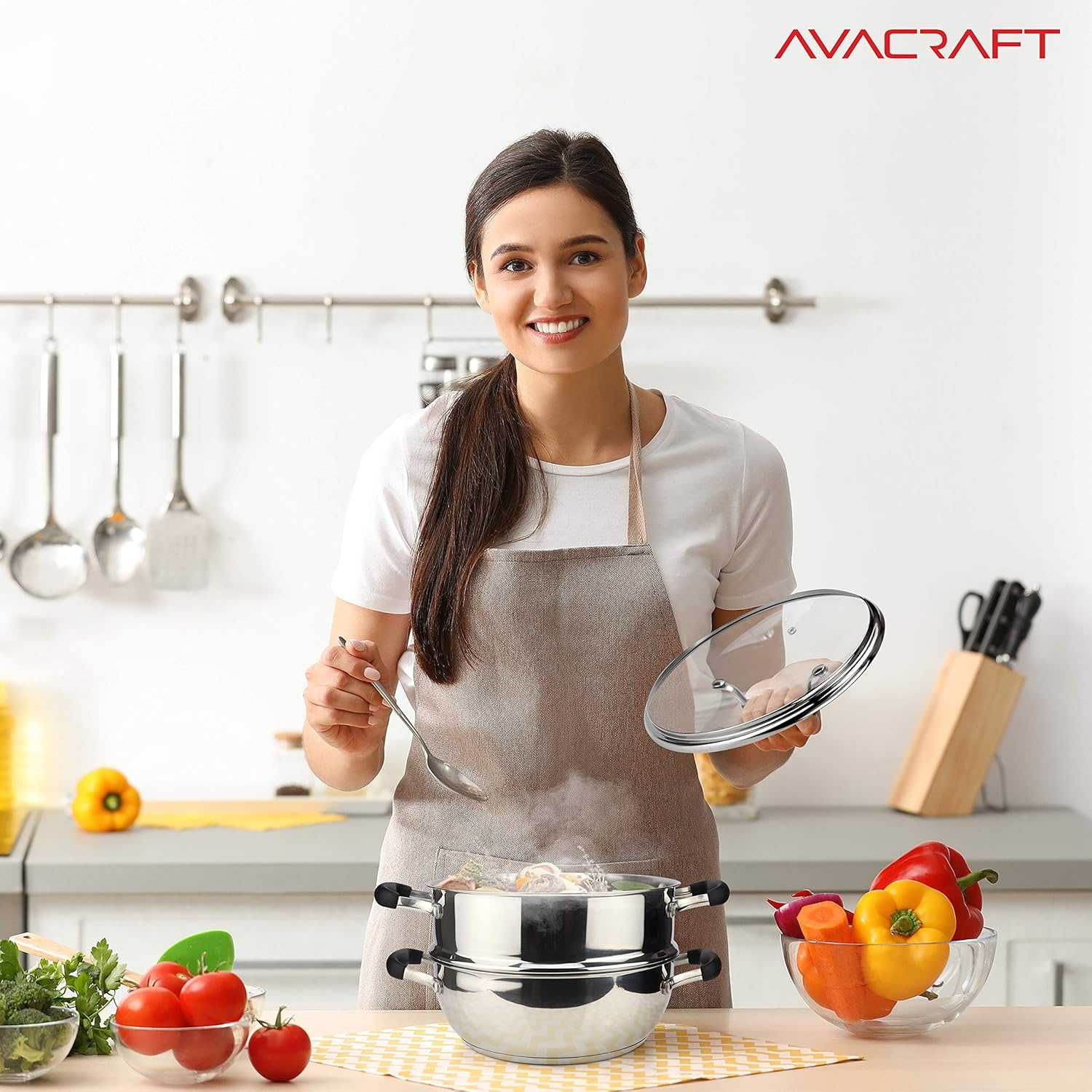 image:imageAVACRAFT 1810 3 Piece Stainless Steel Steamer Cooking Pot amp Pan Set with Glass Lid Momo Maker Induction
