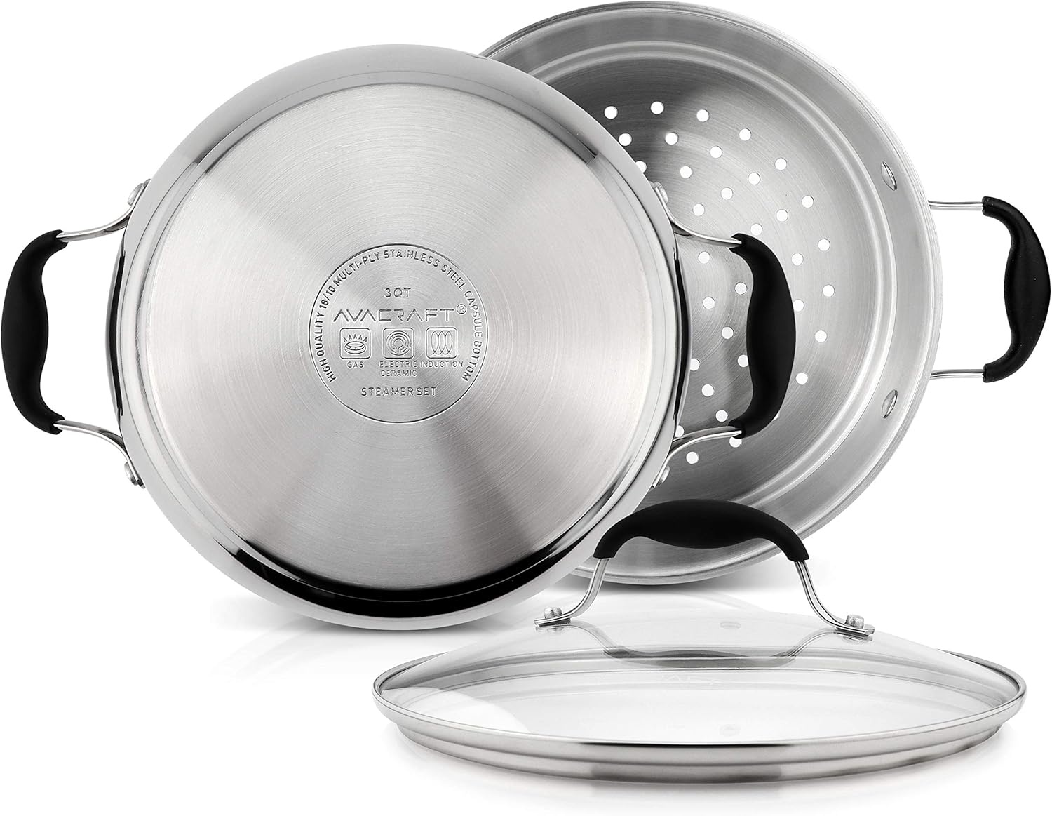 image:imageAVACRAFT 1810 3 Piece Stainless Steel Steamer Cooking Pot amp Pan Set with Glass Lid Momo Maker Induction
