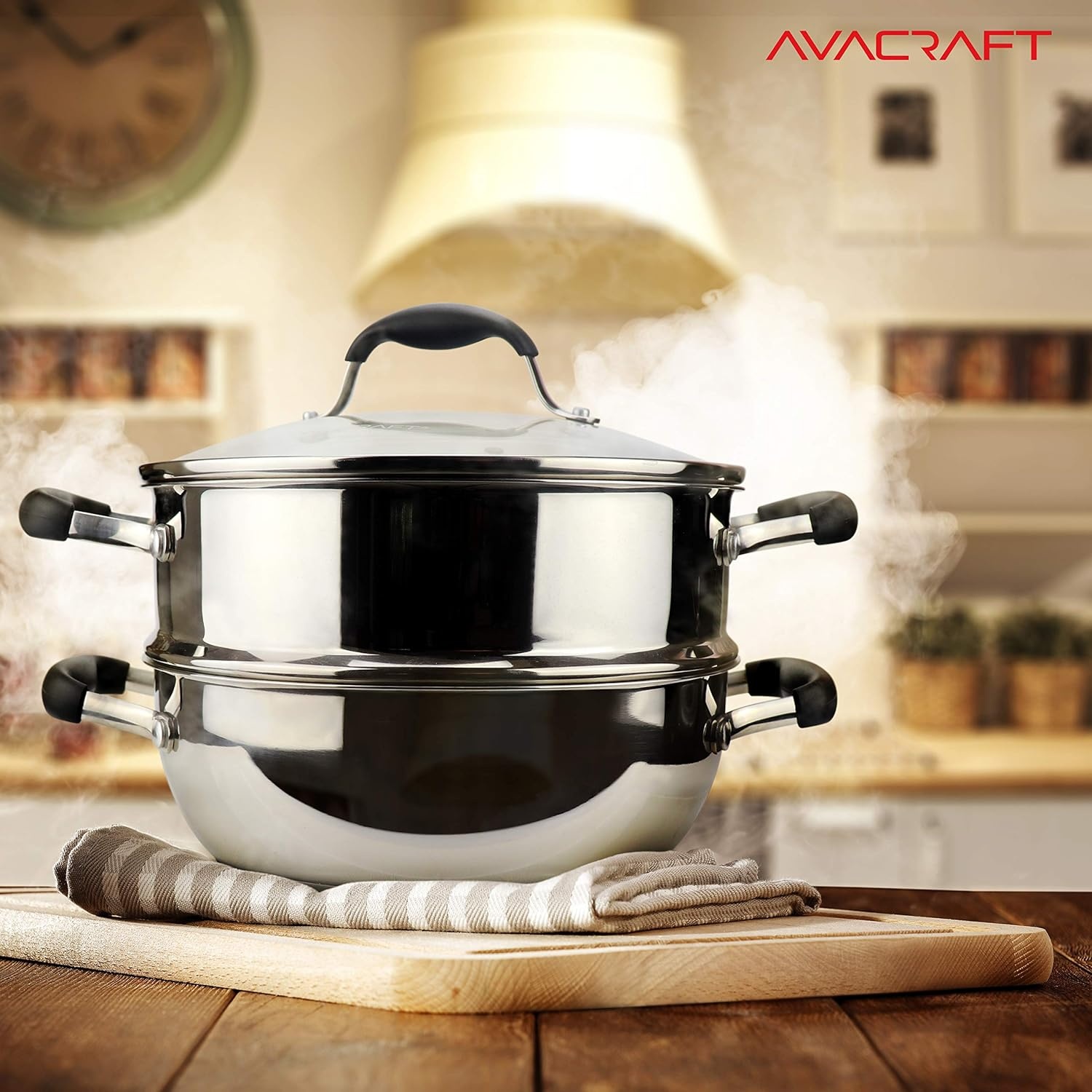 image:imageAVACRAFT 1810 3 Piece Stainless Steel Steamer Cooking Pot amp Pan Set with Glass Lid Momo Maker Induction