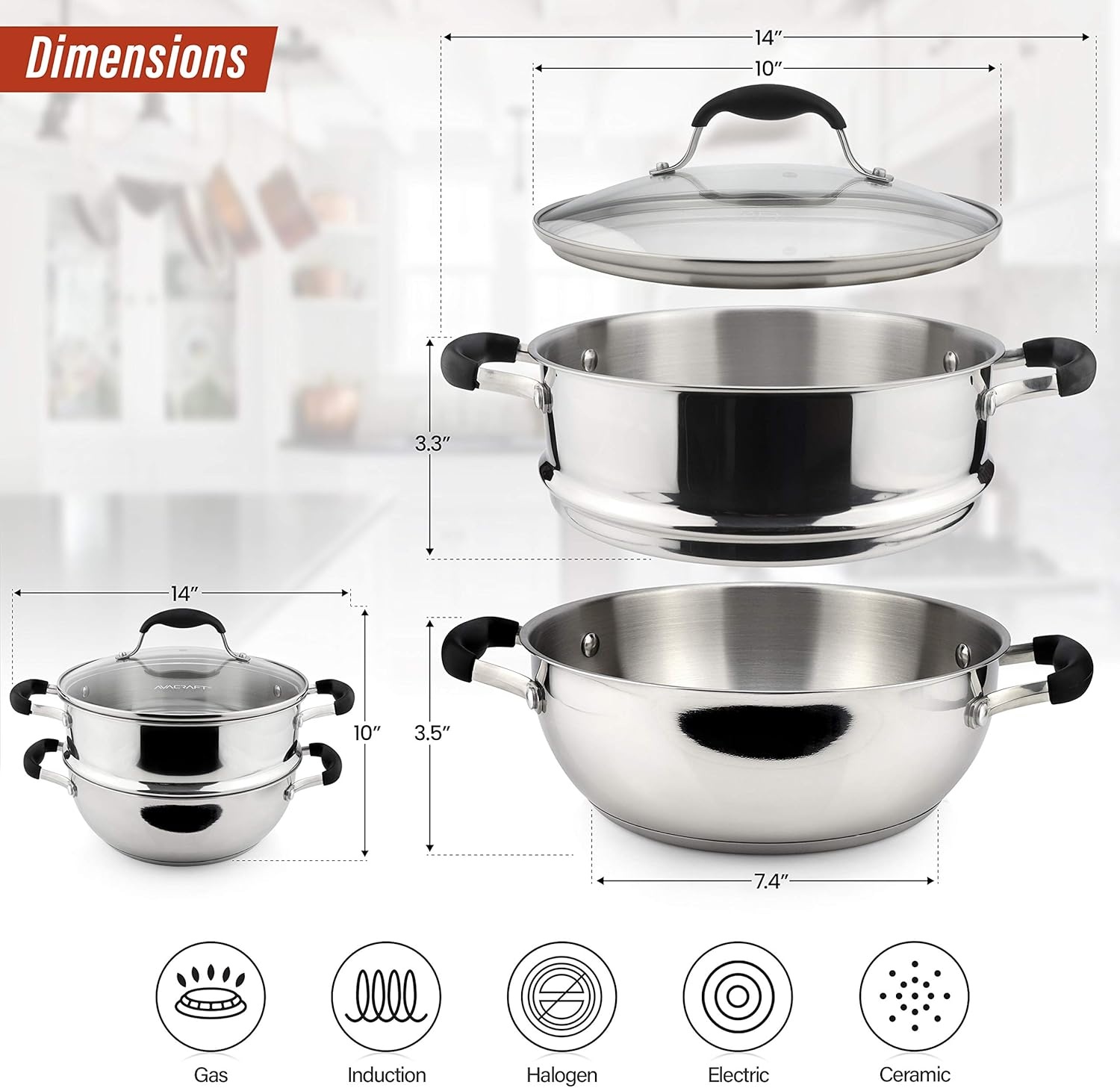 image:imageAVACRAFT 1810 3 Piece Stainless Steel Steamer Cooking Pot amp Pan Set with Glass Lid Momo Maker Induction