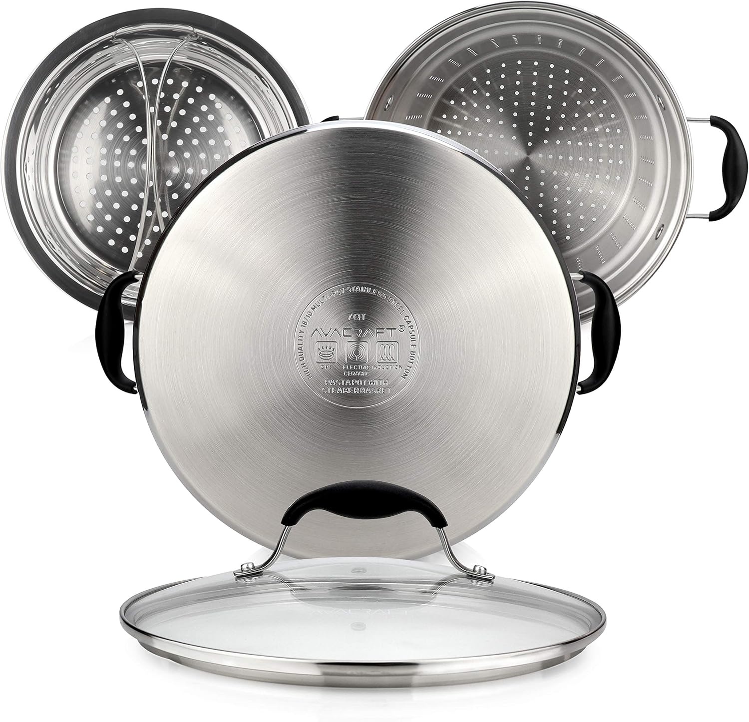 image:imageAVACRAFT 1810 Stainless Steel 4 Piece Pasta Pot with Strainer Insert Stock Pot with Steamer Basket and Pasta Pot Insert Pasta Cooker Set with Glass Lid 7 Quart