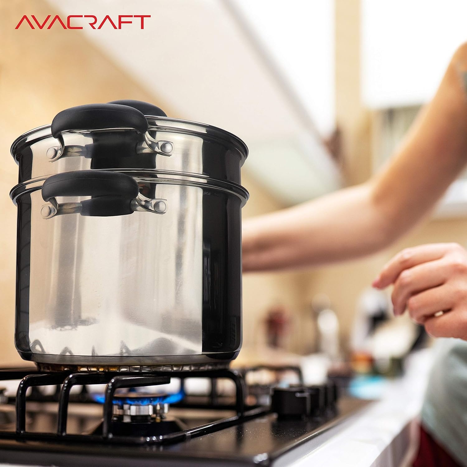 image:imageAVACRAFT 1810 Stainless Steel 4 Piece Pasta Pot with Strainer Insert Stock Pot with Steamer Basket and Pasta Pot Insert Pasta Cooker Set with Glass Lid 7 Quart