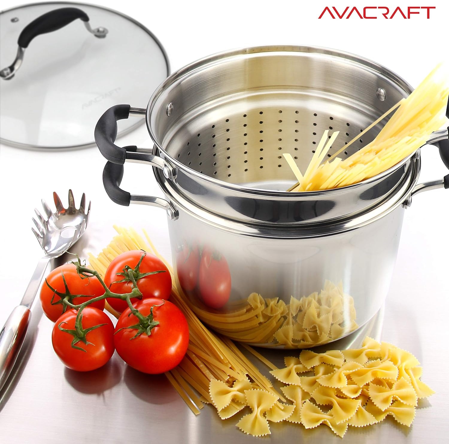 image:imageAVACRAFT 1810 Stainless Steel 4 Piece Pasta Pot with Strainer Insert Stock Pot with Steamer Basket and Pasta Pot Insert Pasta Cooker Set with Glass Lid 7 Quart