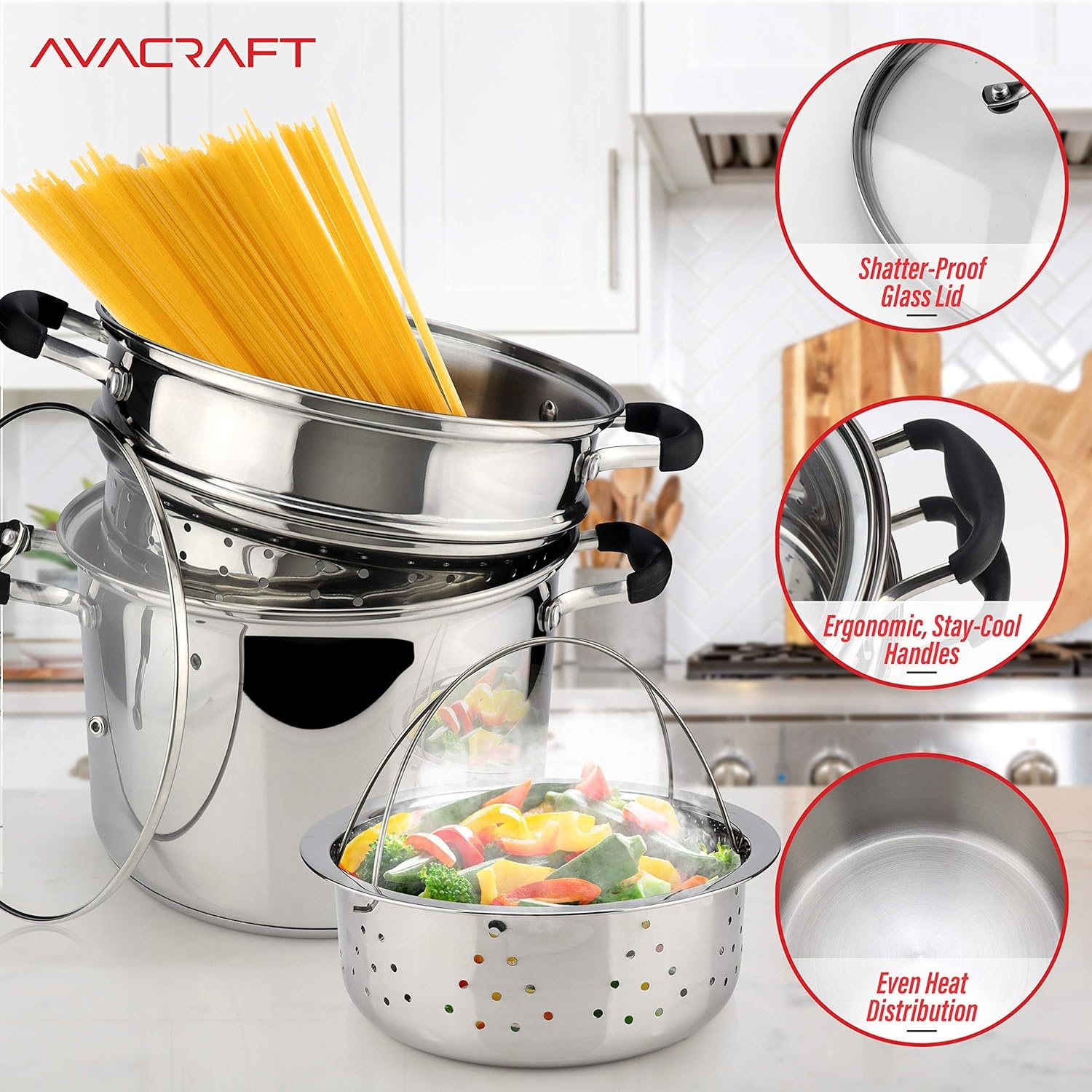 image:imageAVACRAFT 1810 Stainless Steel 4 Piece Pasta Pot with Strainer Insert Stock Pot with Steamer Basket and Pasta Pot Insert Pasta Cooker Set with Glass Lid 7 Quart