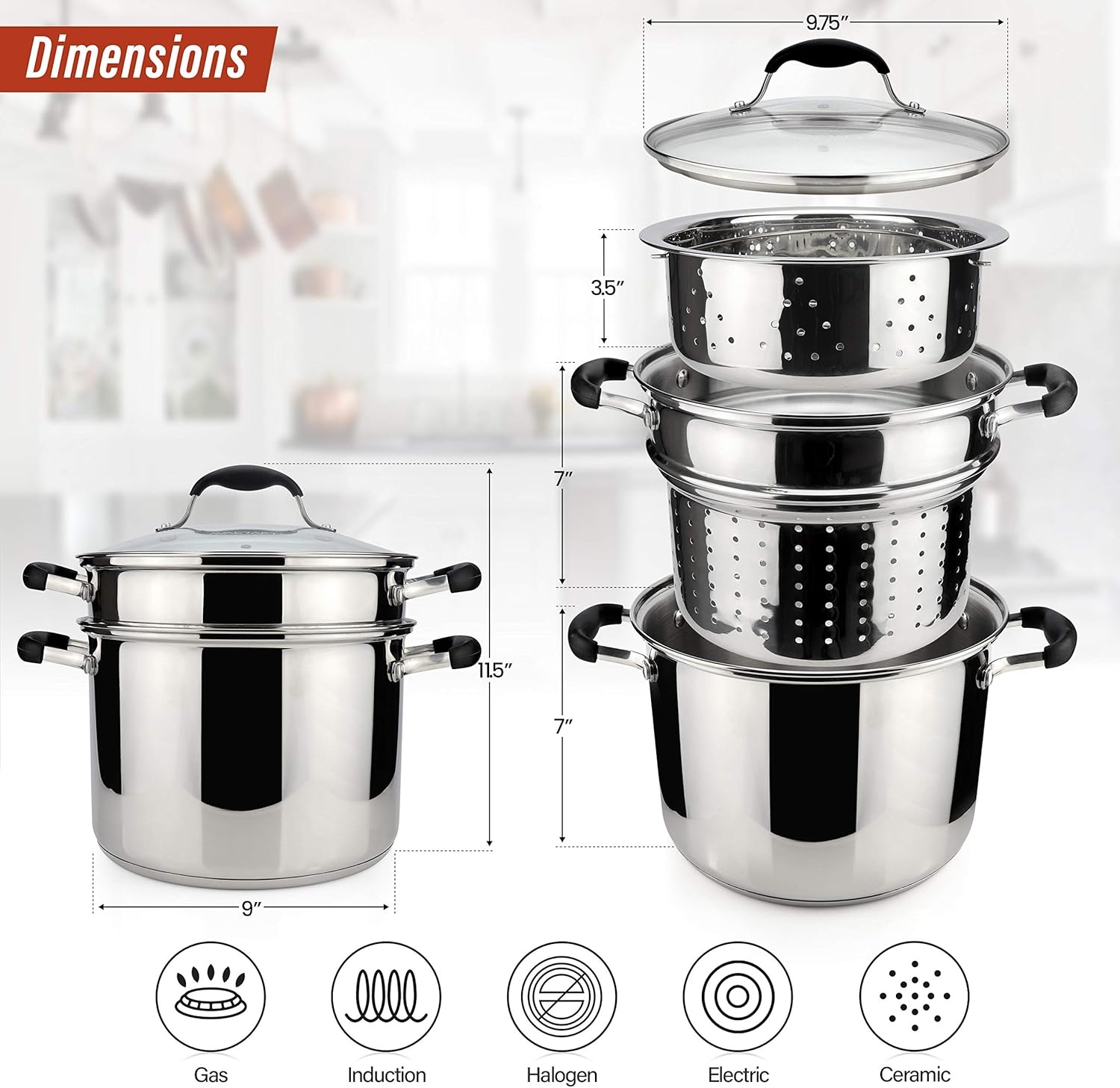 image:imageAVACRAFT 1810 Stainless Steel 4 Piece Pasta Pot with Strainer Insert Stock Pot with Steamer Basket and Pasta Pot Insert Pasta Cooker Set with Glass Lid 7 Quart