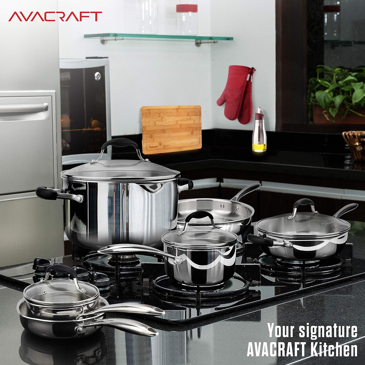 image:imageAVACRAFT 1810 Stainless Steel Cookware Set Premium Pots and Pans Kitchen Essentials For Cooking MultiPly Body Stainless Steel 10Pieces