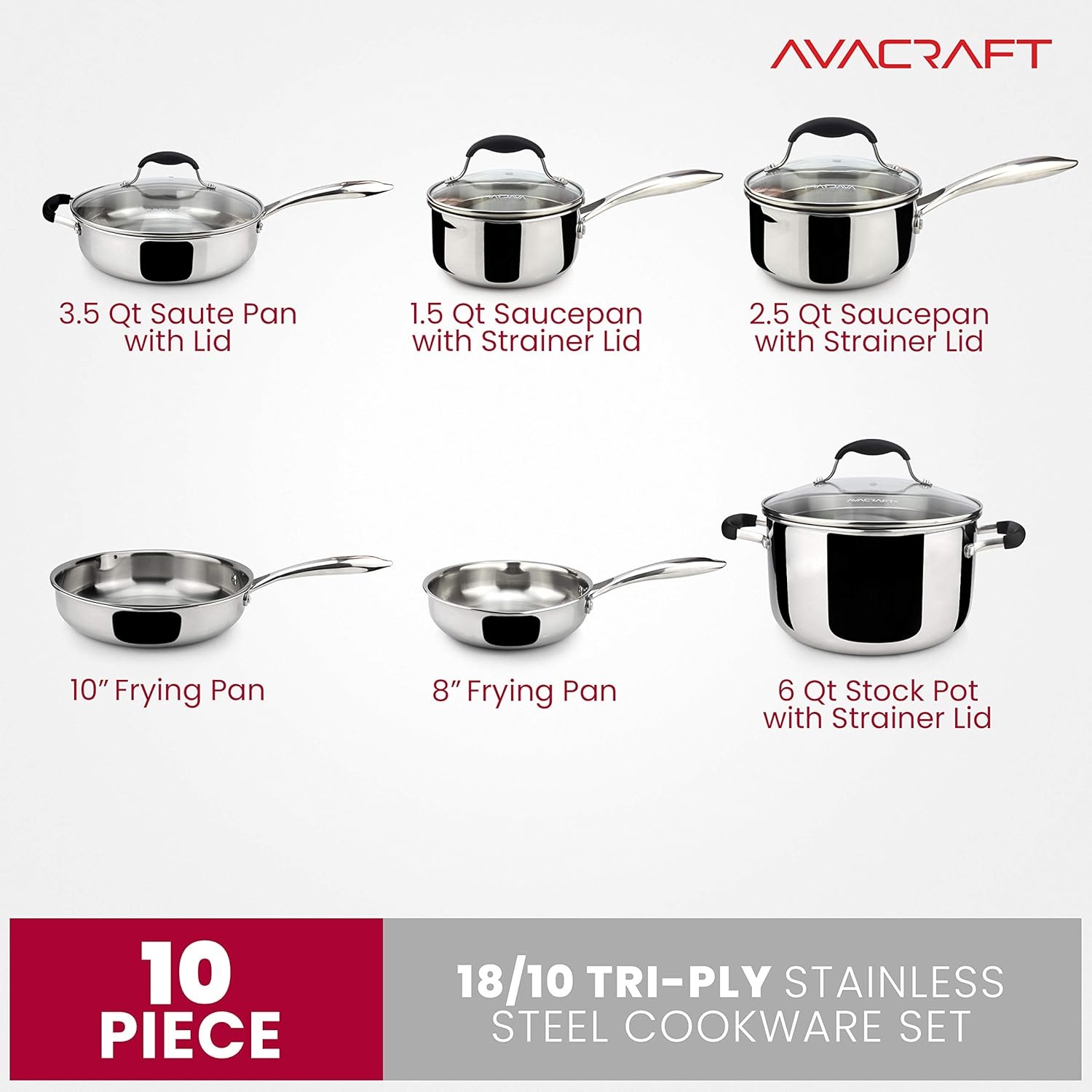 image:imageAVACRAFT 1810 Stainless Steel Cookware Set Premium Pots and Pans Kitchen Essentials For Cooking MultiPly Body Stainless Steel 10Pieces