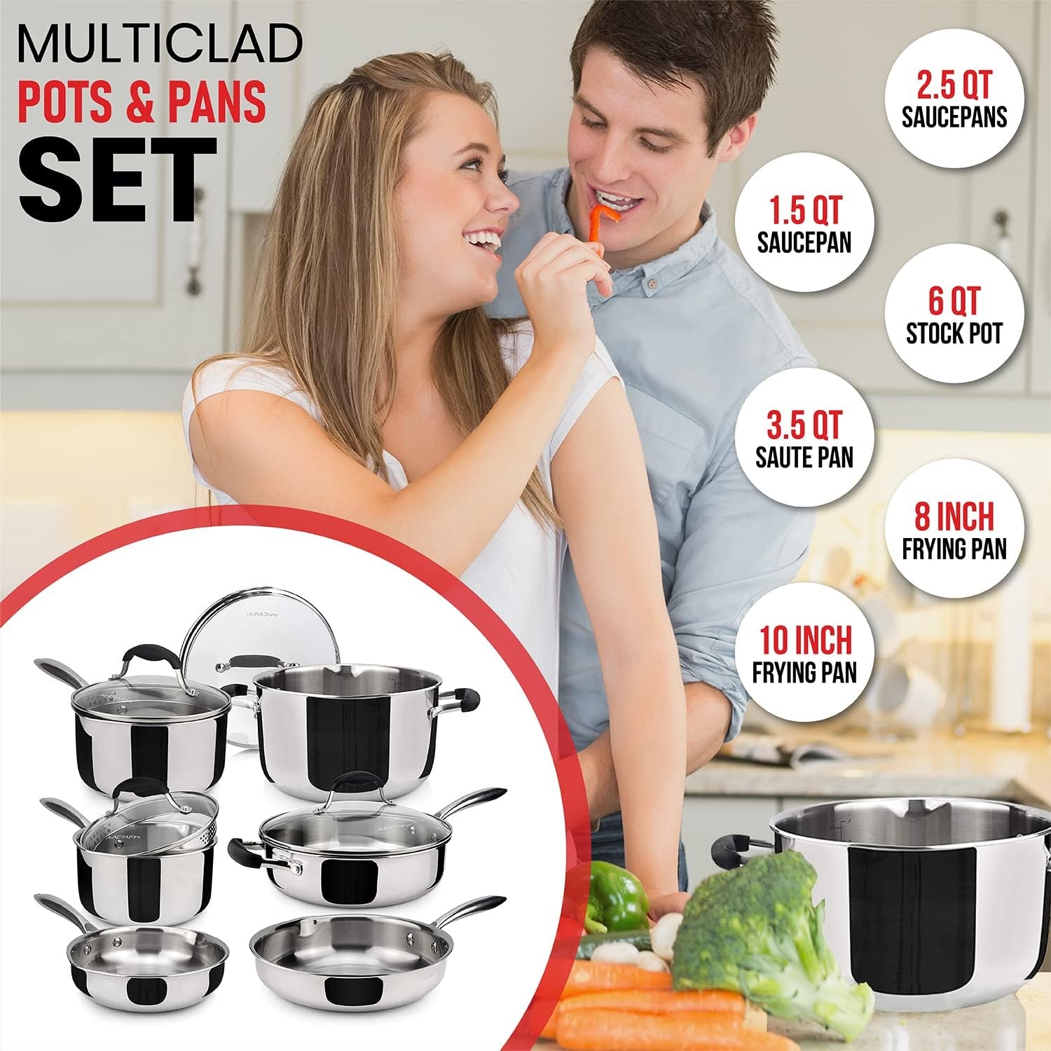 image:imageAVACRAFT 1810 Stainless Steel Cookware Set Premium Pots and Pans Kitchen Essentials For Cooking MultiPly Body Stainless Steel 10Pieces