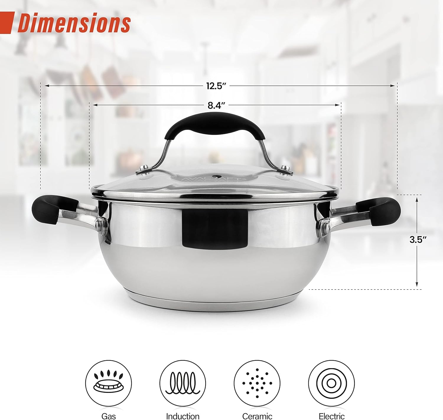 image:imageAVACRAFT 1810 Stainless Steel Everyday Pan Stir Fry Pan with FivePly Base Chefs Pan with Glass Lid Multipurpose Stewpot Skillet Saute Pan Casserole in Pots and Pans 8 inch8 Inch