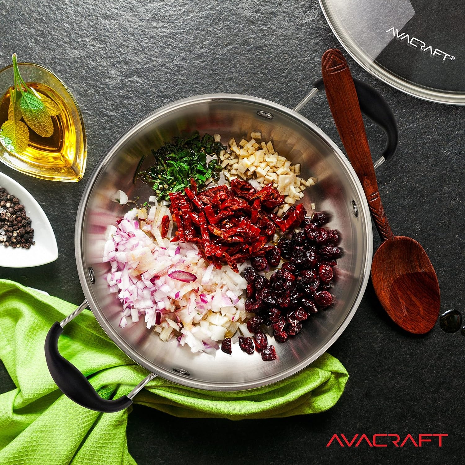 image:imageAVACRAFT 1810 Stainless Steel Everyday Pan Stir Fry Pan with FivePly Base Chefs Pan with Glass Lid Multipurpose Stewpot Skillet Saute Pan Casserole in Pots and Pans 8 inch8 Inch