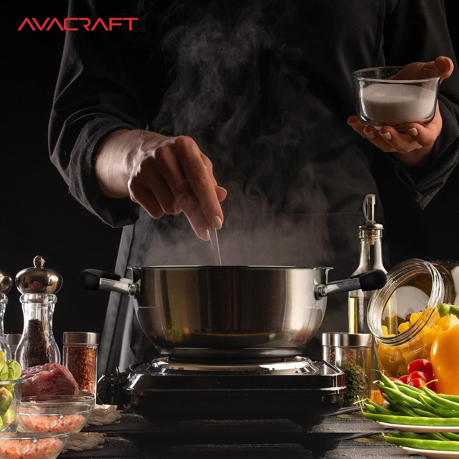 image:imageAVACRAFT 1810 Stainless Steel Everyday Pan Stir Fry Pan with FivePly Base Chefs Pan with Glass Lid Multipurpose Stewpot Skillet Saute Pan Casserole in Pots and Pans 8 inch8 Inch