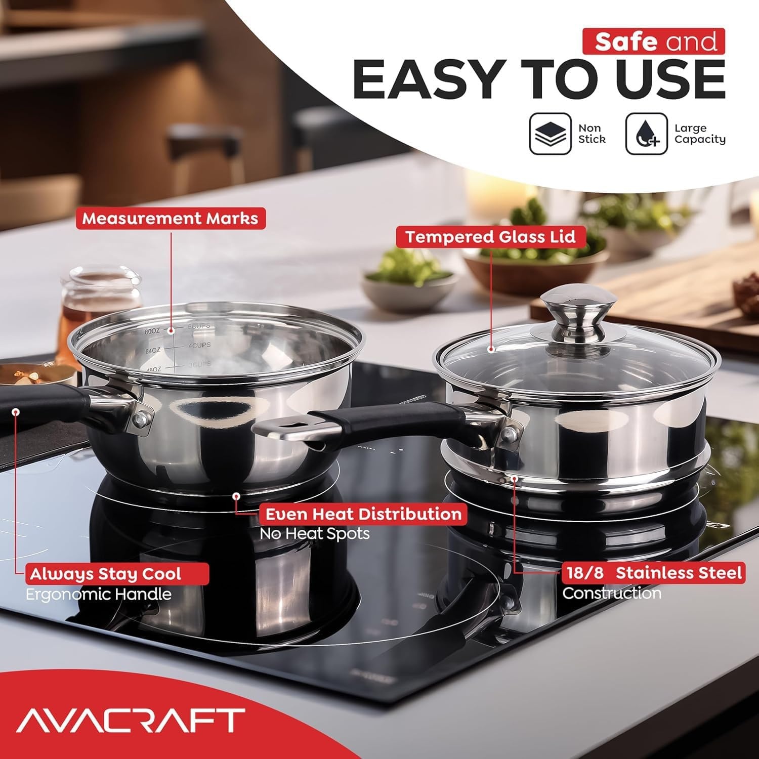 image:imageAVACRAFT 188 Stainless Steel Double Boiler 15 Quart Quality Clad Melting Pot for Butter Chocolate Cheese Wax Sauces Even Heat Tempered Glass Lid Long Handle Bottom has 5 Layers15 Quarts