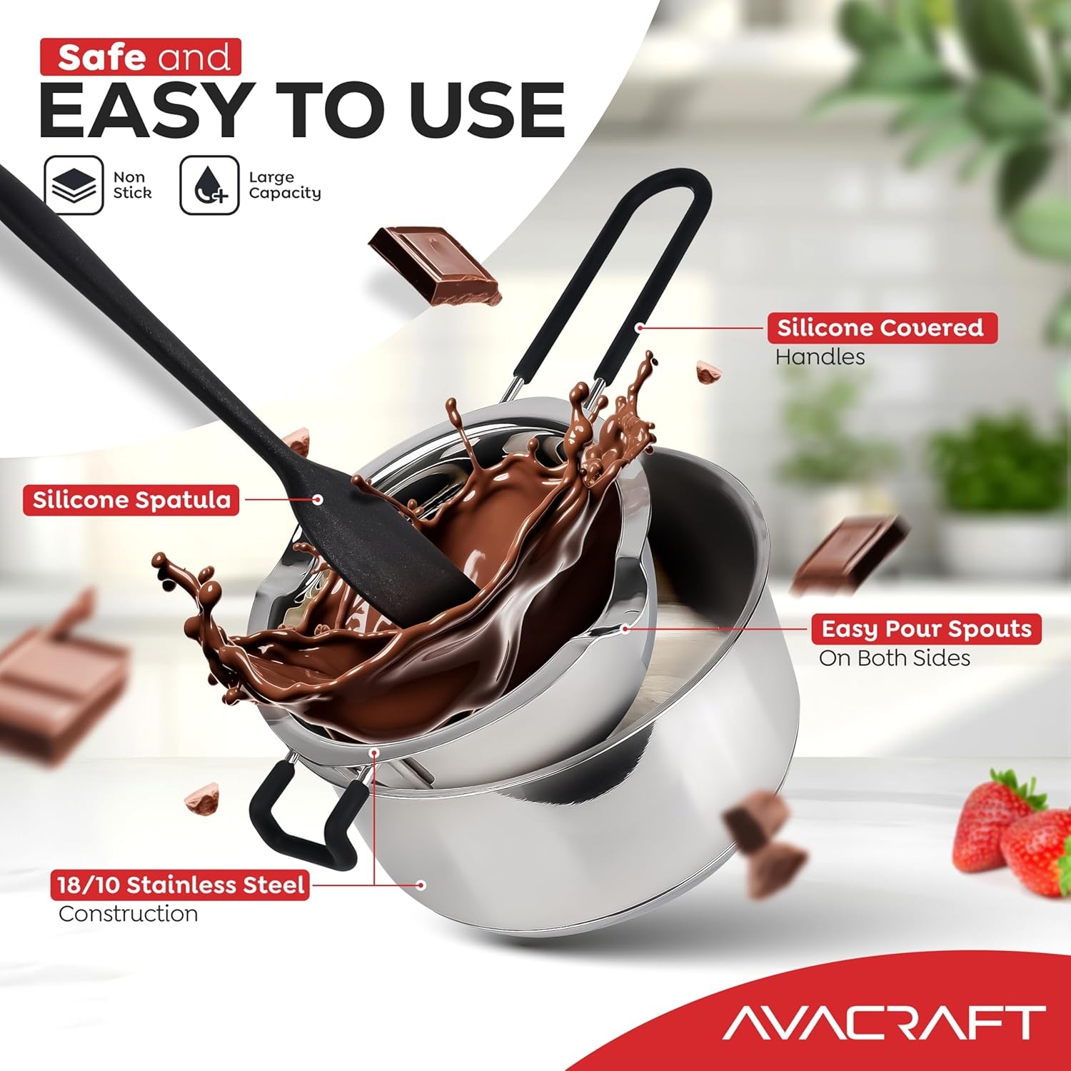 image:imageAVACRAFT 188 Stainless Steel Double Boiler 15 Quart Quality Clad Melting Pot for Butter Chocolate Cheese Wax Sauces Even Heat Tempered Glass Lid Long Handle Bottom has 5 Layers04 Quarts