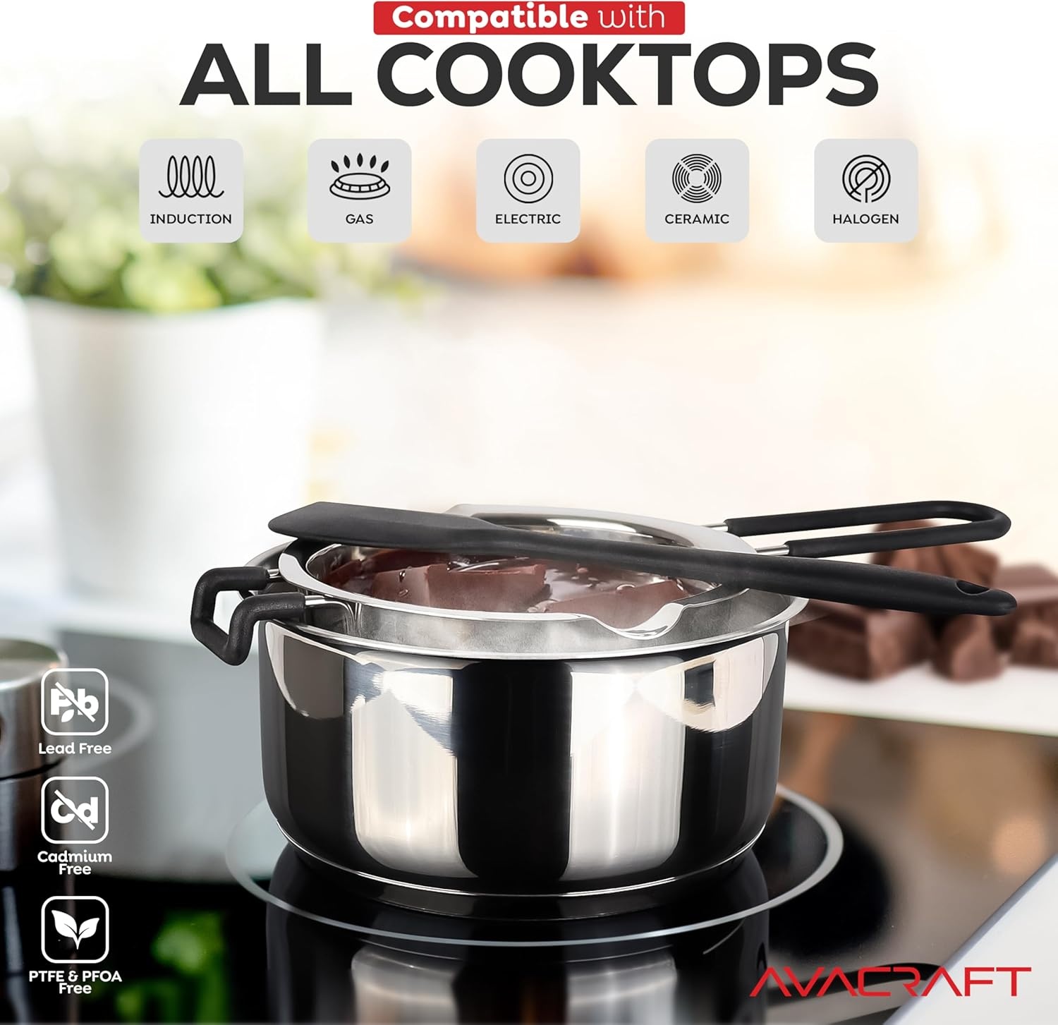 image:imageAVACRAFT 188 Stainless Steel Double Boiler 15 Quart Quality Clad Melting Pot for Butter Chocolate Cheese Wax Sauces Even Heat Tempered Glass Lid Long Handle Bottom has 5 Layers04 Quarts