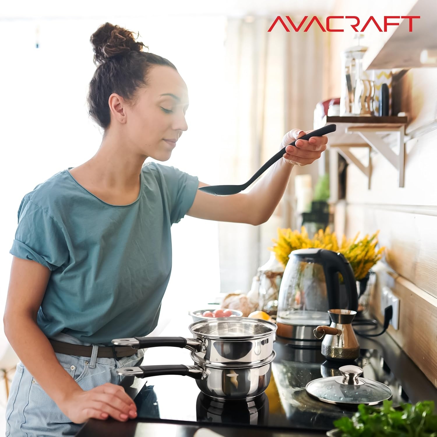 image:imageAVACRAFT 188 Stainless Steel Double Boiler 15 Quart Quality Clad Melting Pot for Butter Chocolate Cheese Wax Sauces Even Heat Tempered Glass Lid Long Handle Bottom has 5 Layers15 Quarts