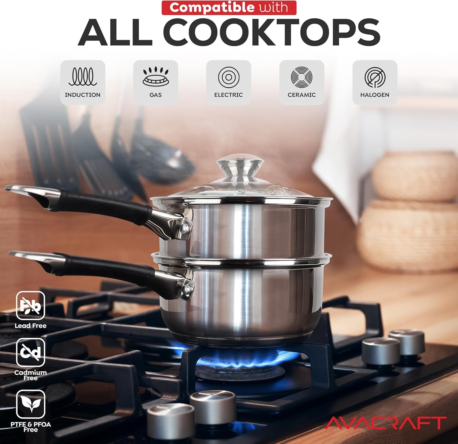 image:imageAVACRAFT 188 Stainless Steel Double Boiler 15 Quart Quality Clad Melting Pot for Butter Chocolate Cheese Wax Sauces Even Heat Tempered Glass Lid Long Handle Bottom has 5 Layers15 Quarts