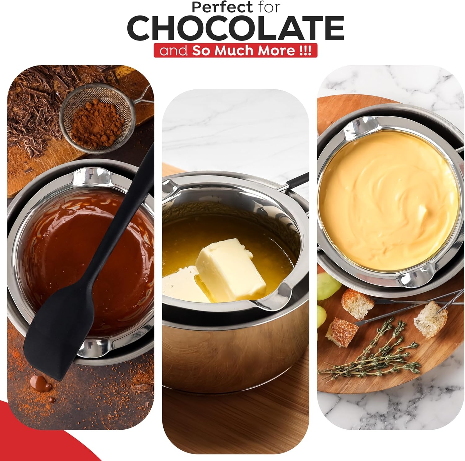 image:imageAVACRAFT 188 Stainless Steel Double Boiler 15 Quart Quality Clad Melting Pot for Butter Chocolate Cheese Wax Sauces Even Heat Tempered Glass Lid Long Handle Bottom has 5 Layers04 Quarts