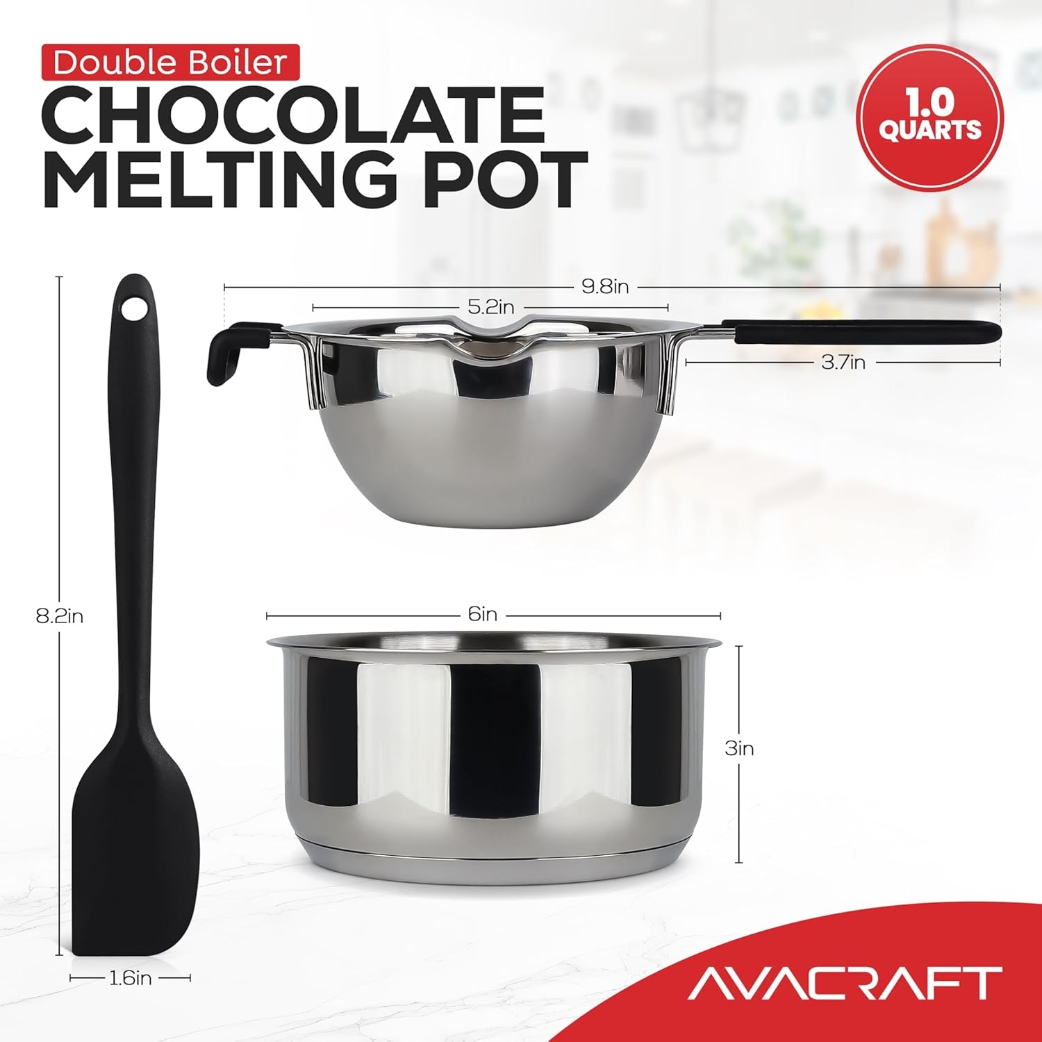 image:imageAVACRAFT 188 Stainless Steel Double Boiler 15 Quart Quality Clad Melting Pot for Butter Chocolate Cheese Wax Sauces Even Heat Tempered Glass Lid Long Handle Bottom has 5 Layers04 Quarts