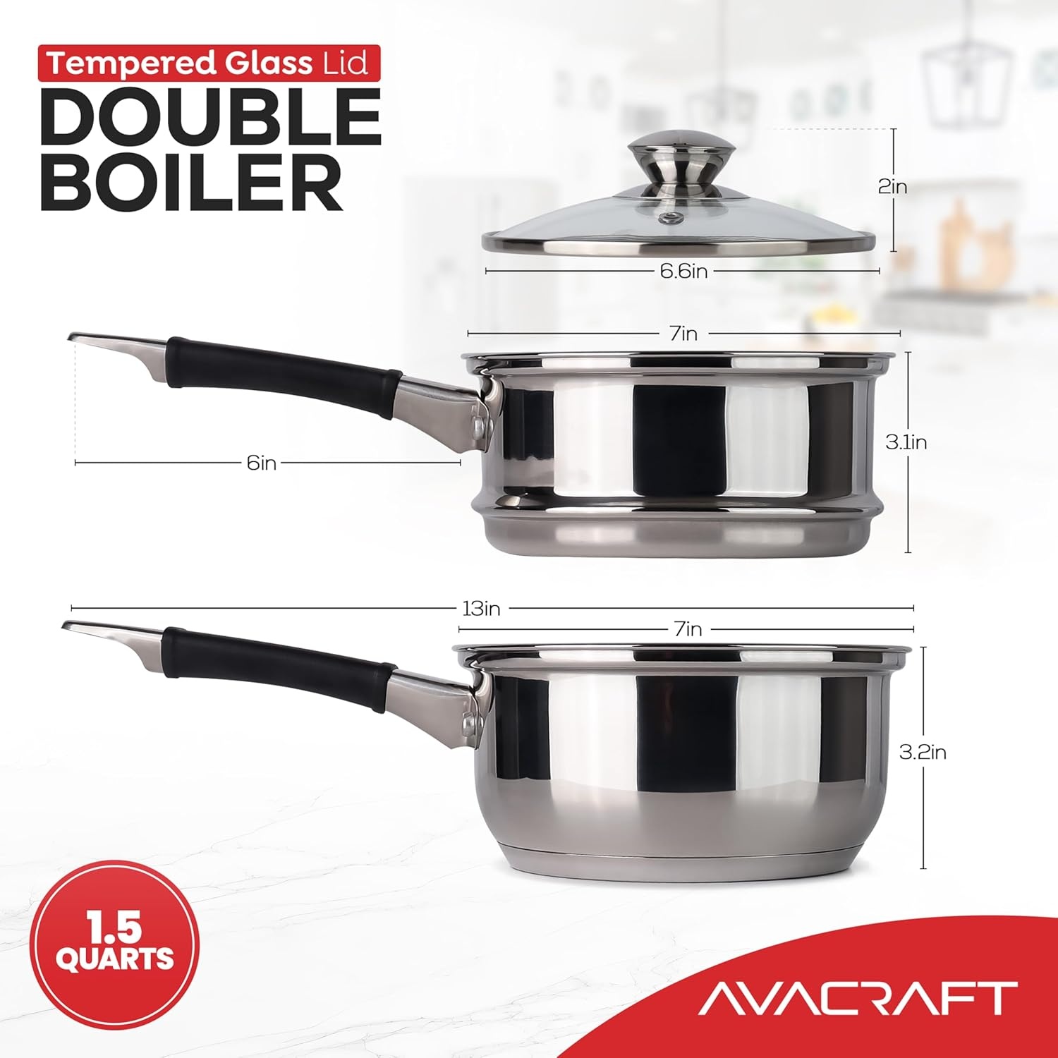 image:imageAVACRAFT 188 Stainless Steel Double Boiler 15 Quart Quality Clad Melting Pot for Butter Chocolate Cheese Wax Sauces Even Heat Tempered Glass Lid Long Handle Bottom has 5 Layers15 Quarts