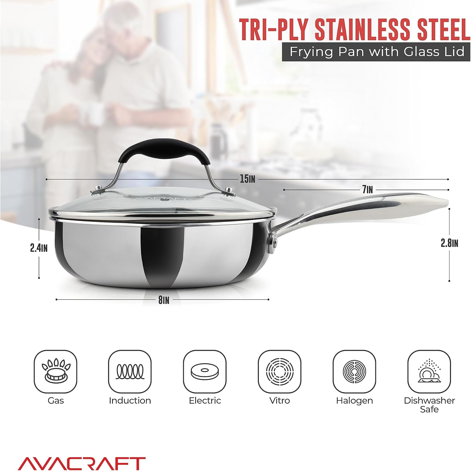 image:imageAVACRAFT 8 Inch TriPly Stainless Steel Frying Pan with Lid Side Spouts Induction Pan Versatile Stainless Steel Skillet Fry Pan in our Pots and Pans TriPly Stainless Steel 8 InchStainless Steel