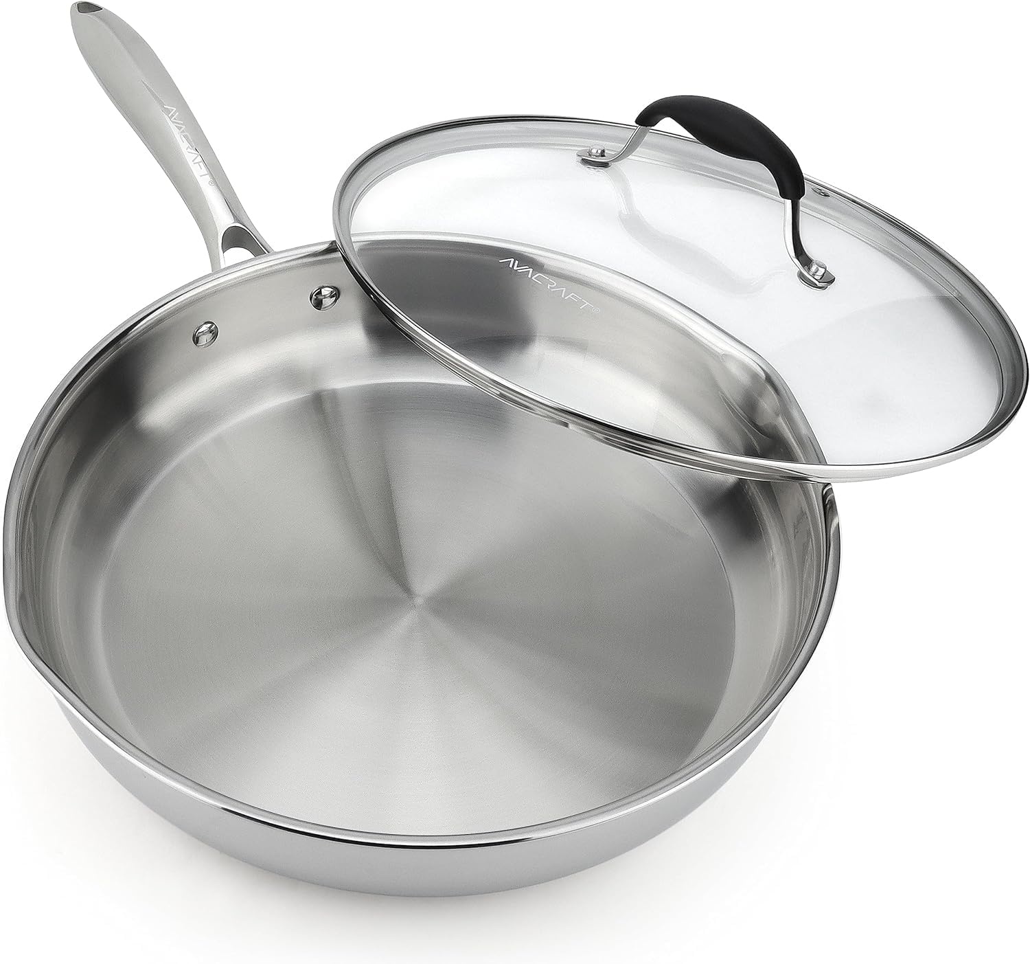 image:imageAVACRAFT 8 Inch TriPly Stainless Steel Frying Pan with Lid Side Spouts Induction Pan Versatile Stainless Steel Skillet Fry Pan in our Pots and Pans TriPly Stainless Steel 8 InchStainless Steel