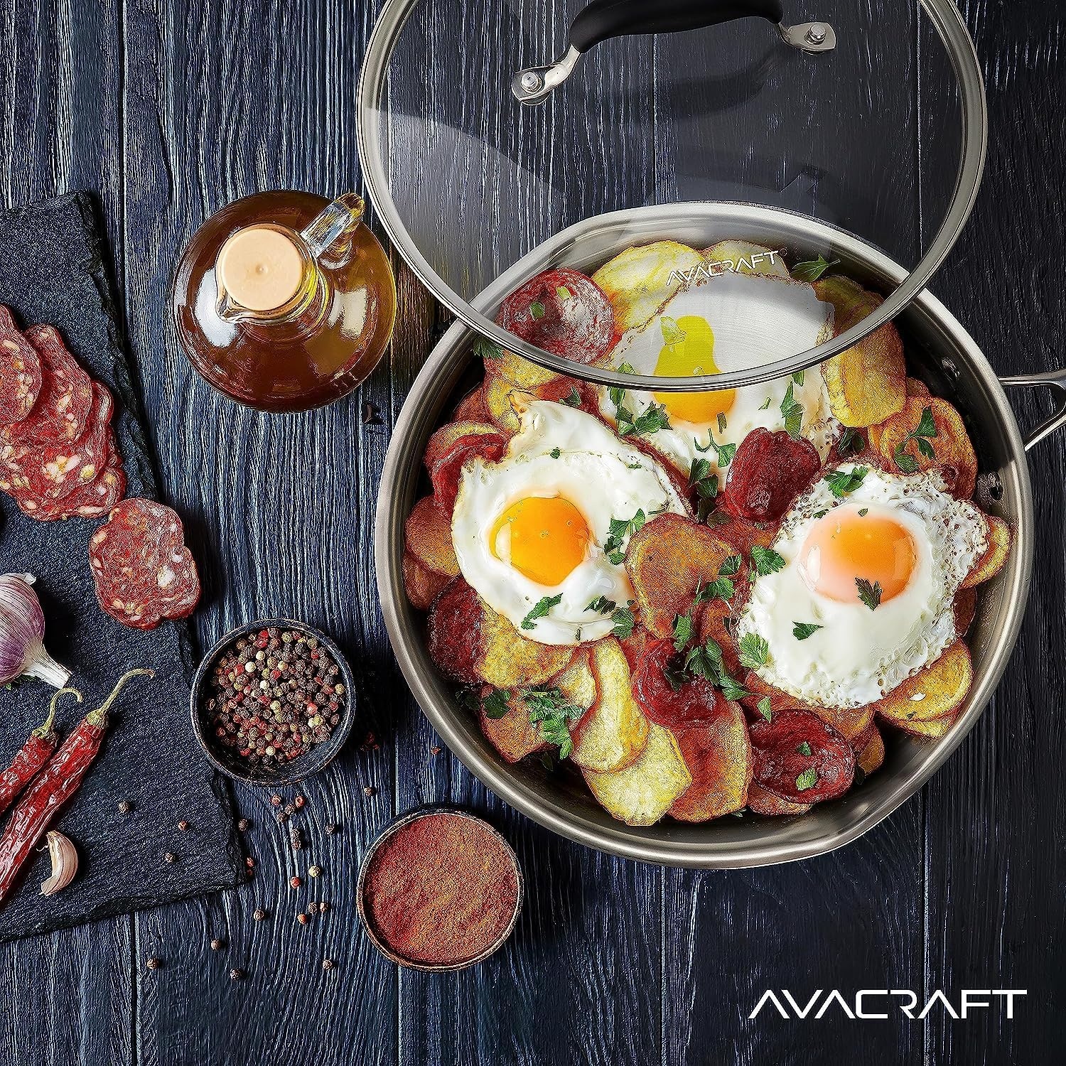image:imageAVACRAFT 8 Inch TriPly Stainless Steel Frying Pan with Lid Side Spouts Induction Pan Versatile Stainless Steel Skillet Fry Pan in our Pots and Pans TriPly Stainless Steel 8 InchStainless Steel