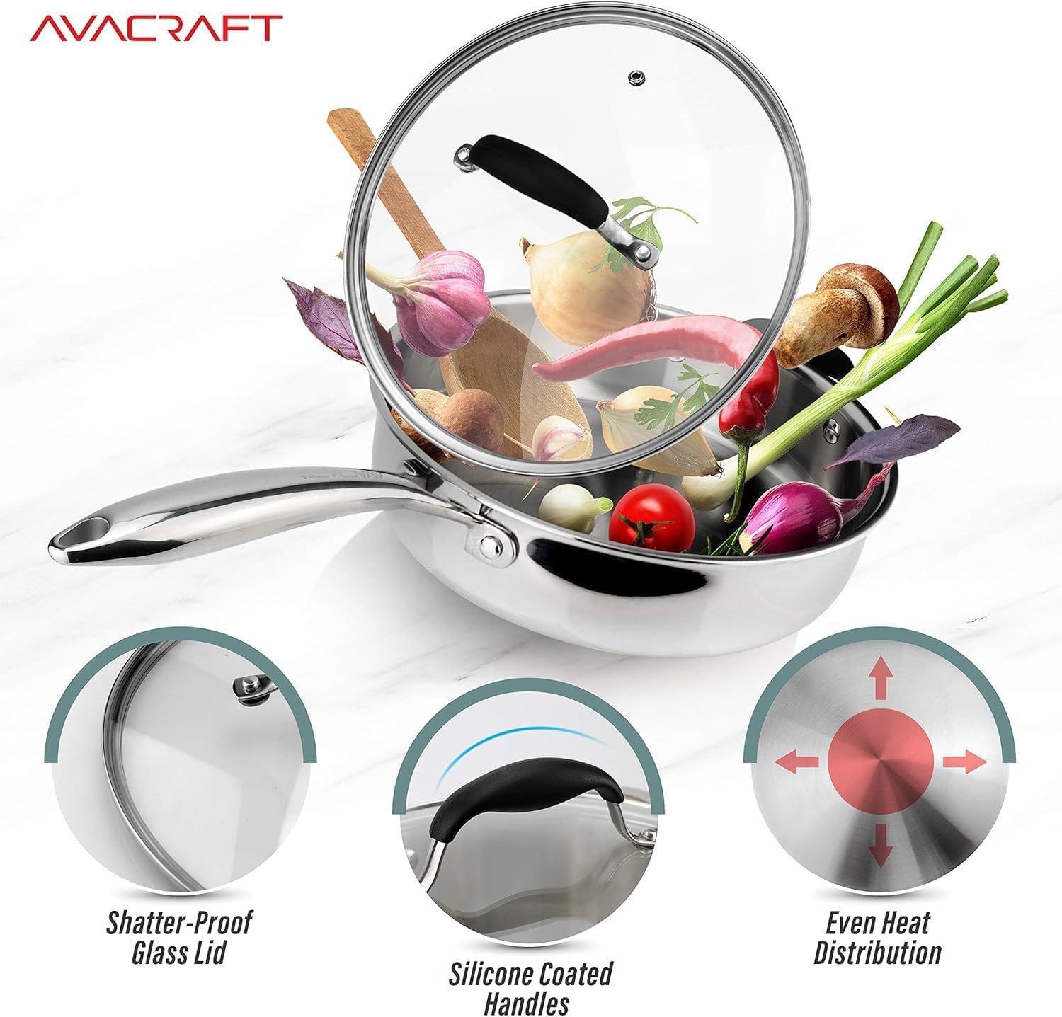 image:imageAVACRAFT 8 Inch TriPly Stainless Steel Frying Pan with Lid Side Spouts Induction Pan Versatile Stainless Steel Skillet Fry Pan in our Pots and Pans TriPly Stainless Steel 8 InchStainless Steel