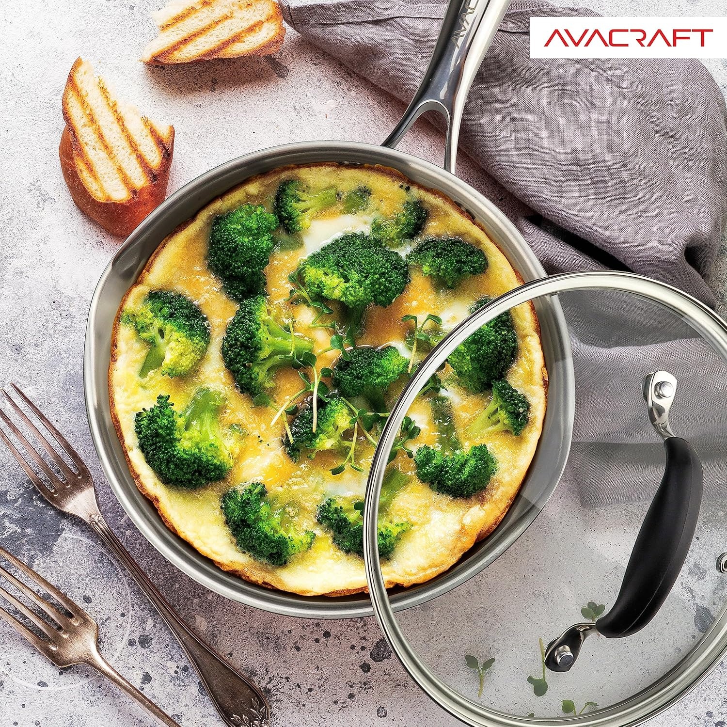 image:imageAVACRAFT 8 Inch TriPly Stainless Steel Frying Pan with Lid Side Spouts Induction Pan Versatile Stainless Steel Skillet Fry Pan in our Pots and Pans TriPly Stainless Steel 8 InchStainless Steel
