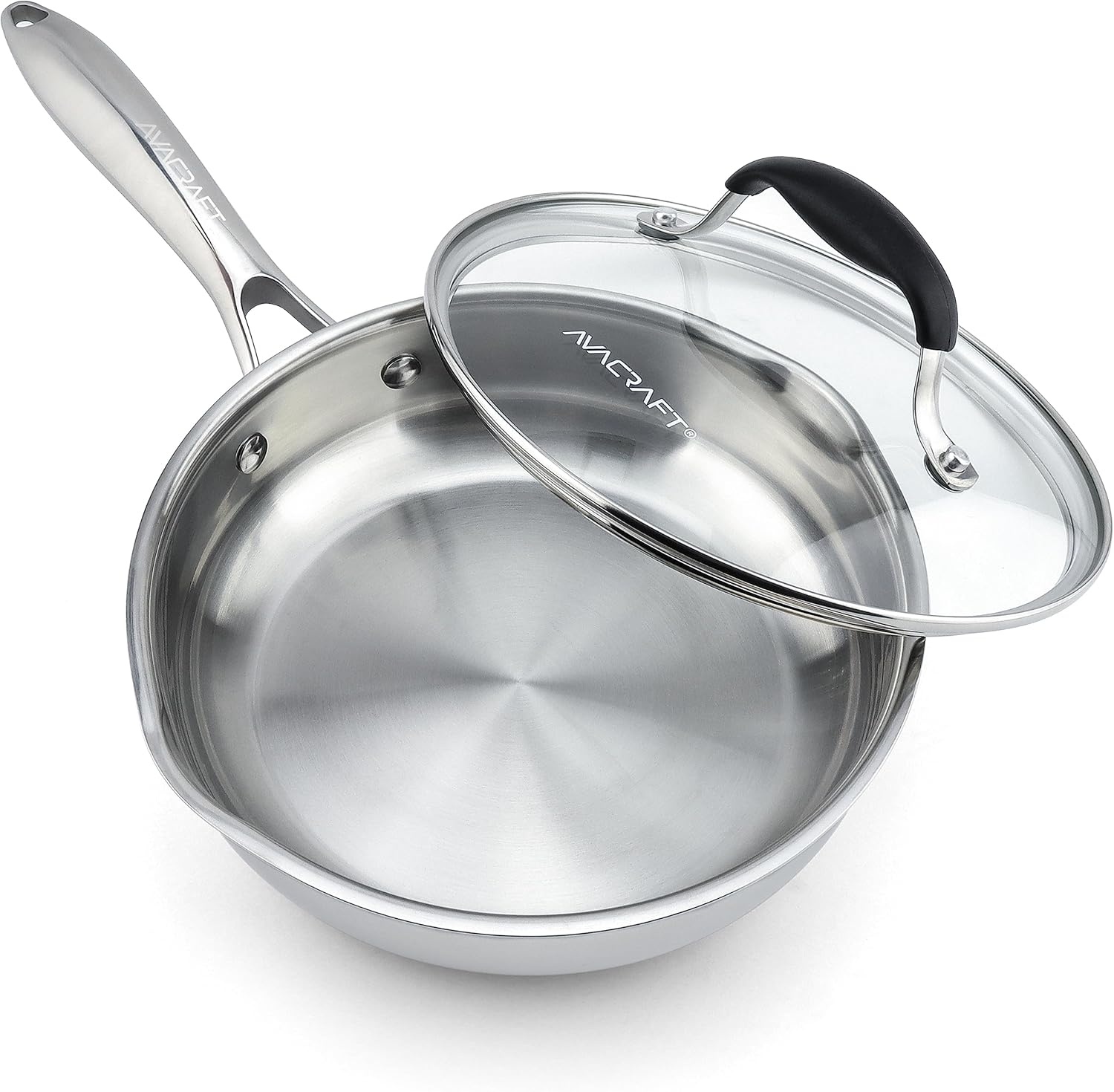 image:imageAVACRAFT 8 Inch TriPly Stainless Steel Frying Pan with Lid Side Spouts Induction Pan Versatile Stainless Steel Skillet Fry Pan in our Pots and Pans TriPly Stainless Steel 8 InchStainless Steel