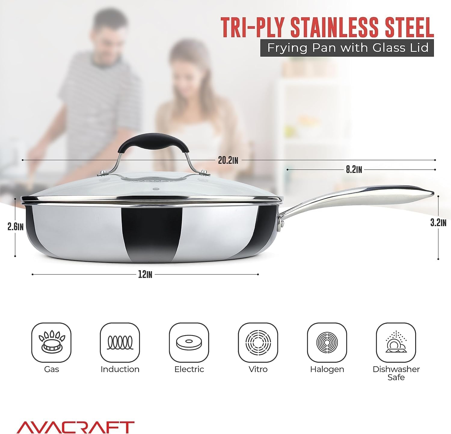 image:imageAVACRAFT 8 Inch TriPly Stainless Steel Frying Pan with Lid Side Spouts Induction Pan Versatile Stainless Steel Skillet Fry Pan in our Pots and Pans TriPly Stainless Steel 8 InchStainless Steel