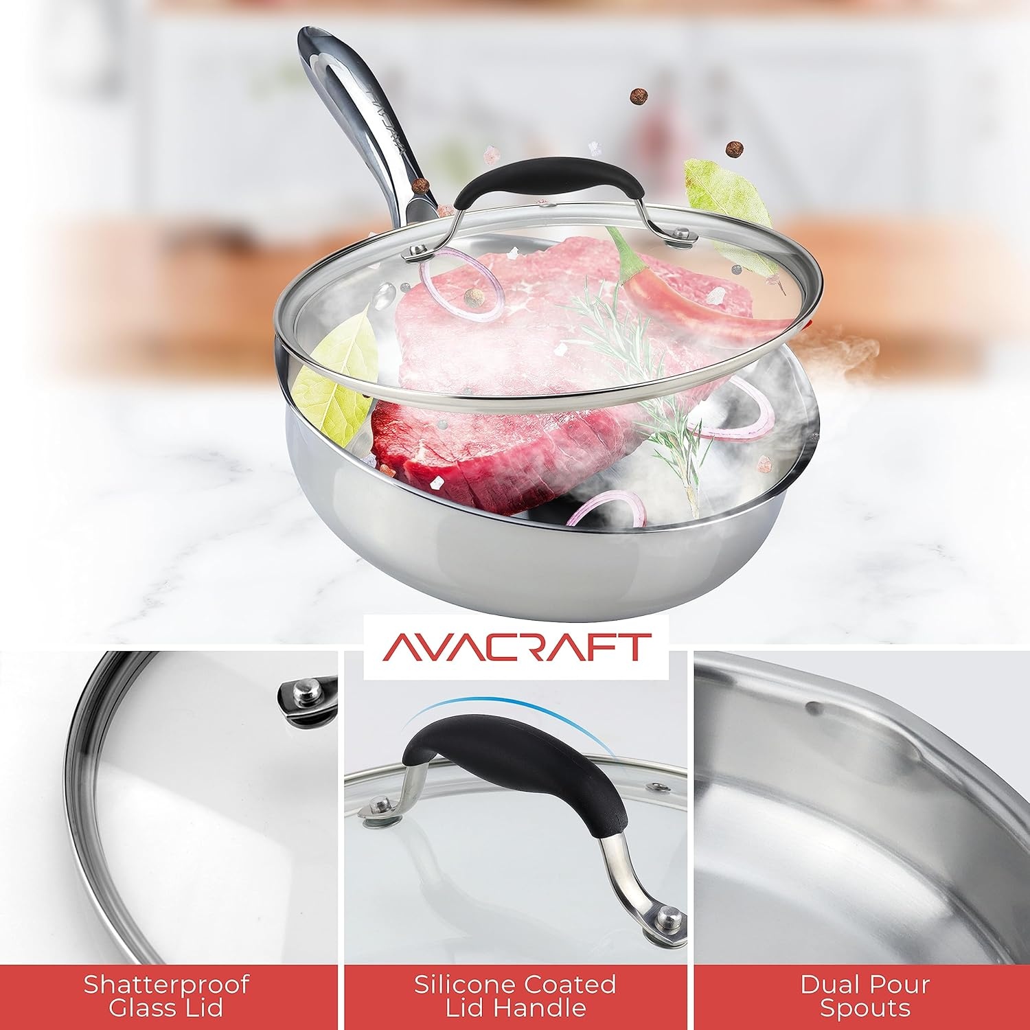 image:imageAVACRAFT 8 Inch TriPly Stainless Steel Frying Pan with Lid Side Spouts Induction Pan Versatile Stainless Steel Skillet Fry Pan in our Pots and Pans TriPly Stainless Steel 8 InchStainless Steel